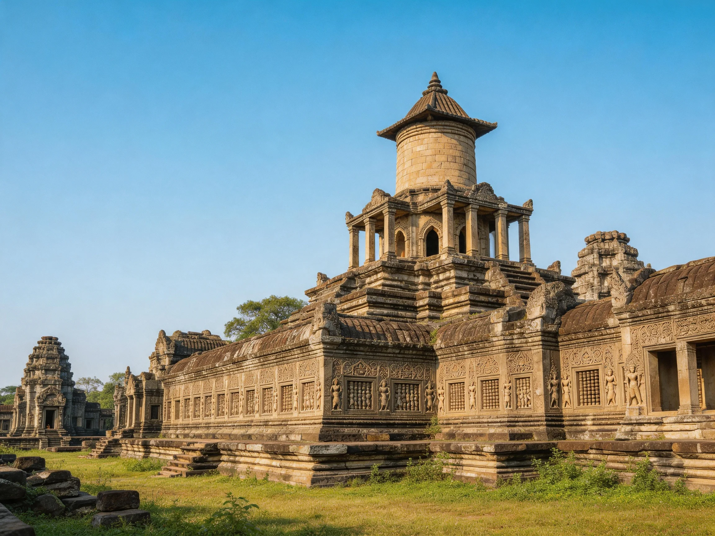 Ancient stone temple complex with intricate carvings under clear blue sky
