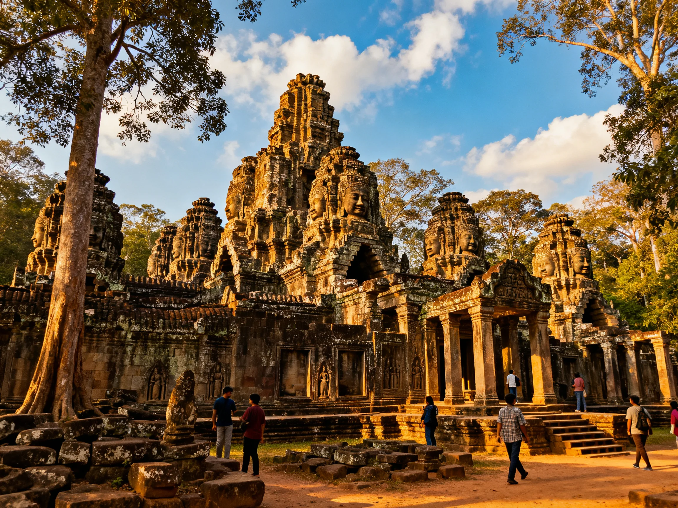 Ancient stone temple complex with towering carved towers under golden sunlight