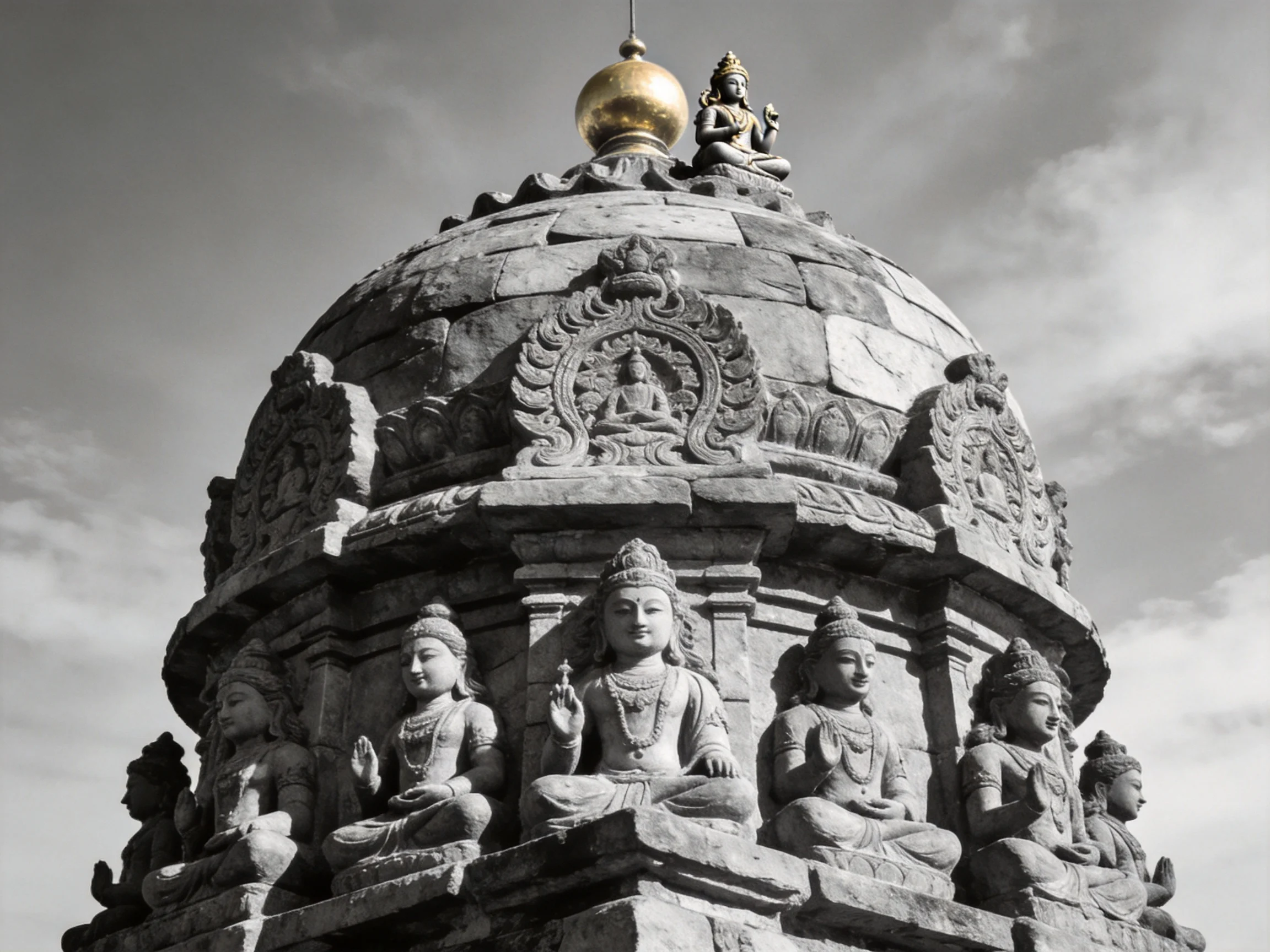 Ancient stone temple dome with intricately carved deity statues and golden ornament