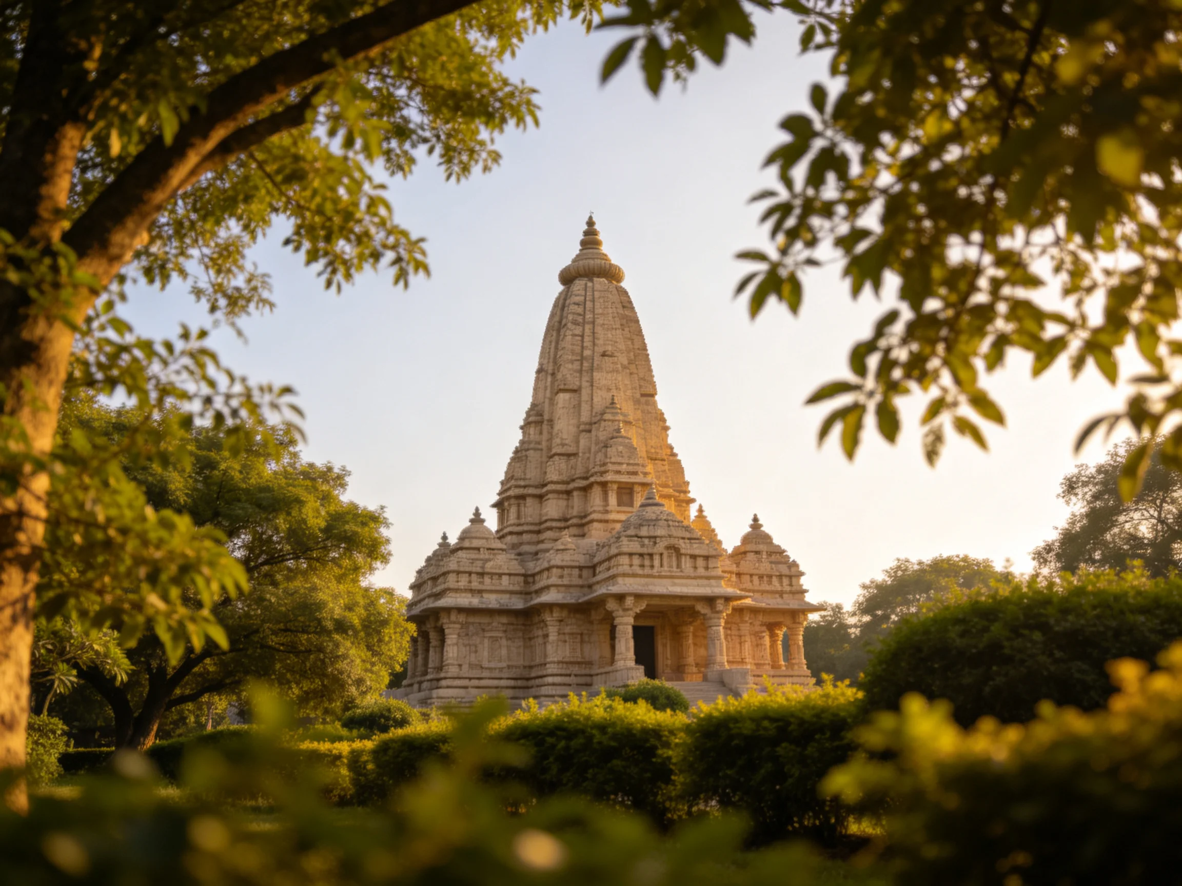 Ancient stone temple framed by lush green trees