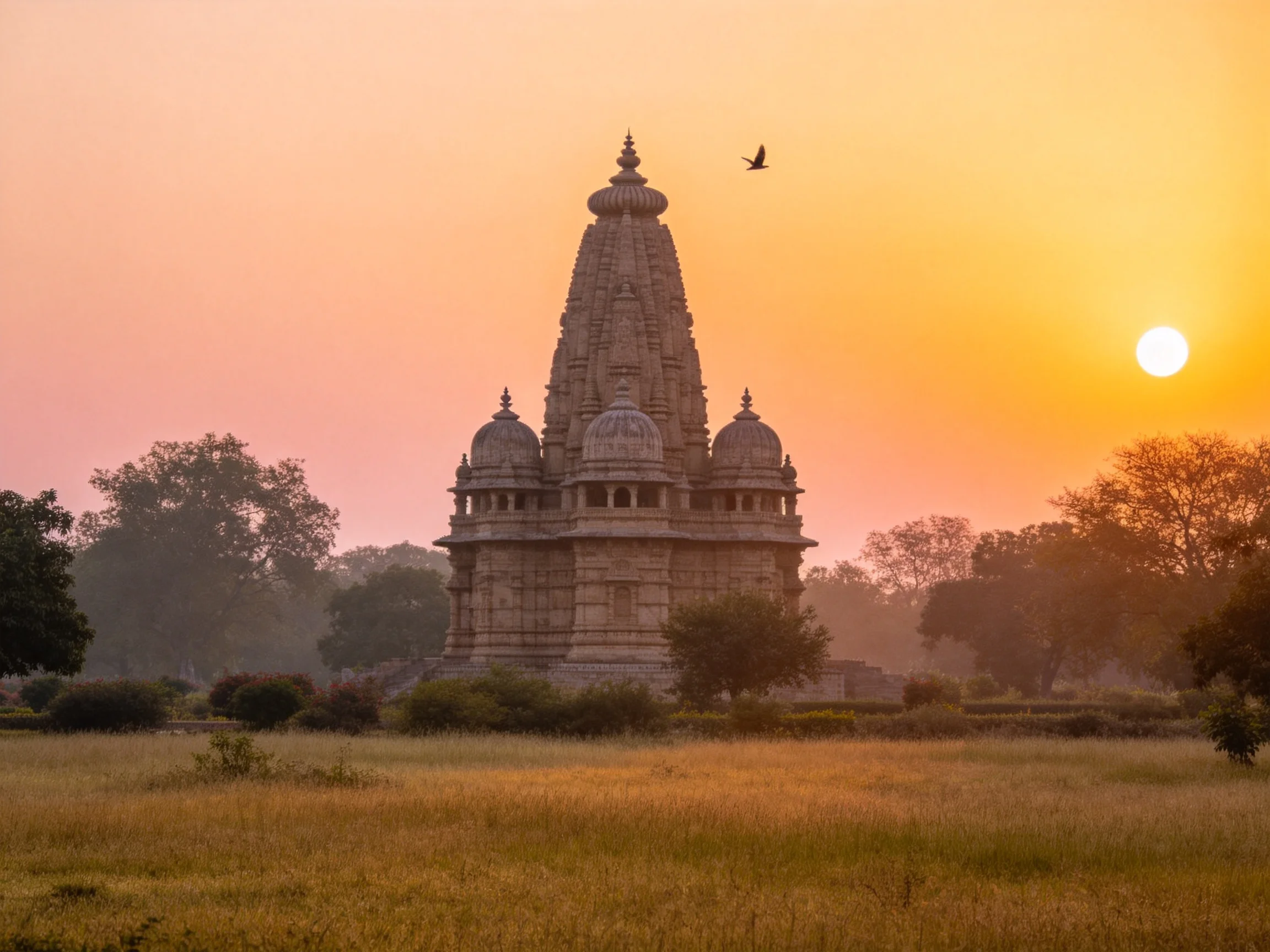 Ancient stone temple in golden sunset landscape