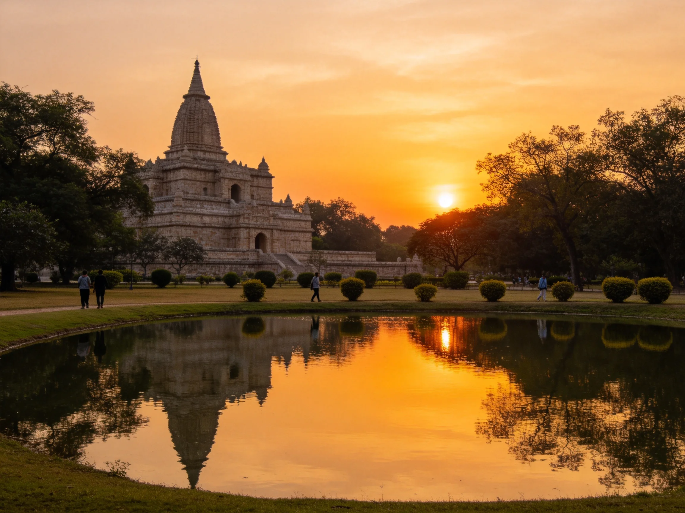 Ancient stone temple reflecting in pond during golden sunset