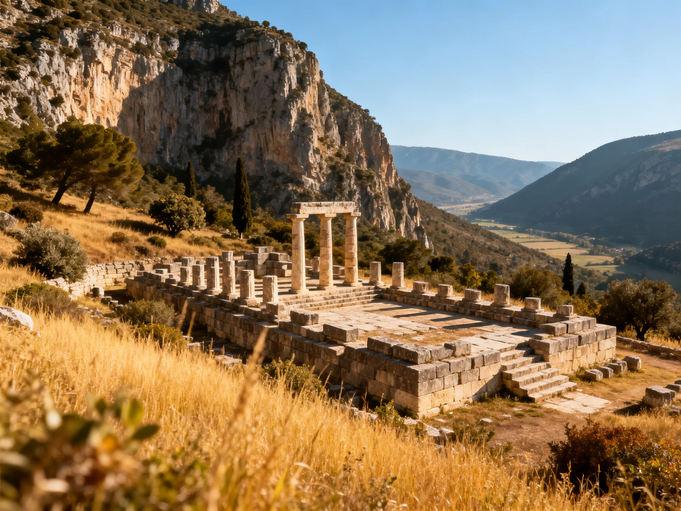 Ancient stone temple ruins nestled among rocky cliffs and expansive valleys