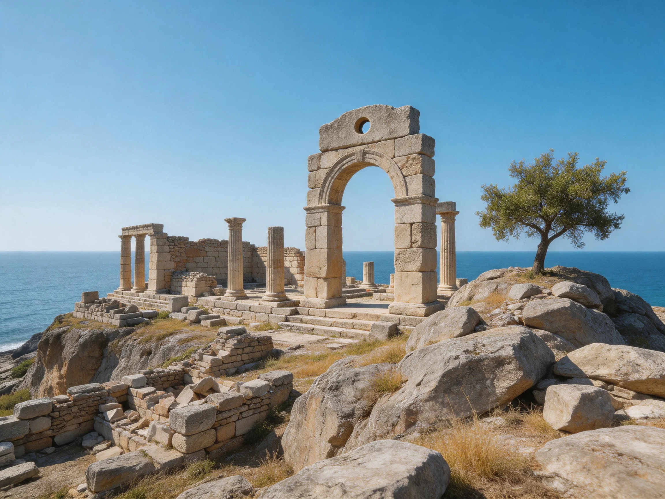 Ancient stone temple ruins on rocky cliff by blue sea