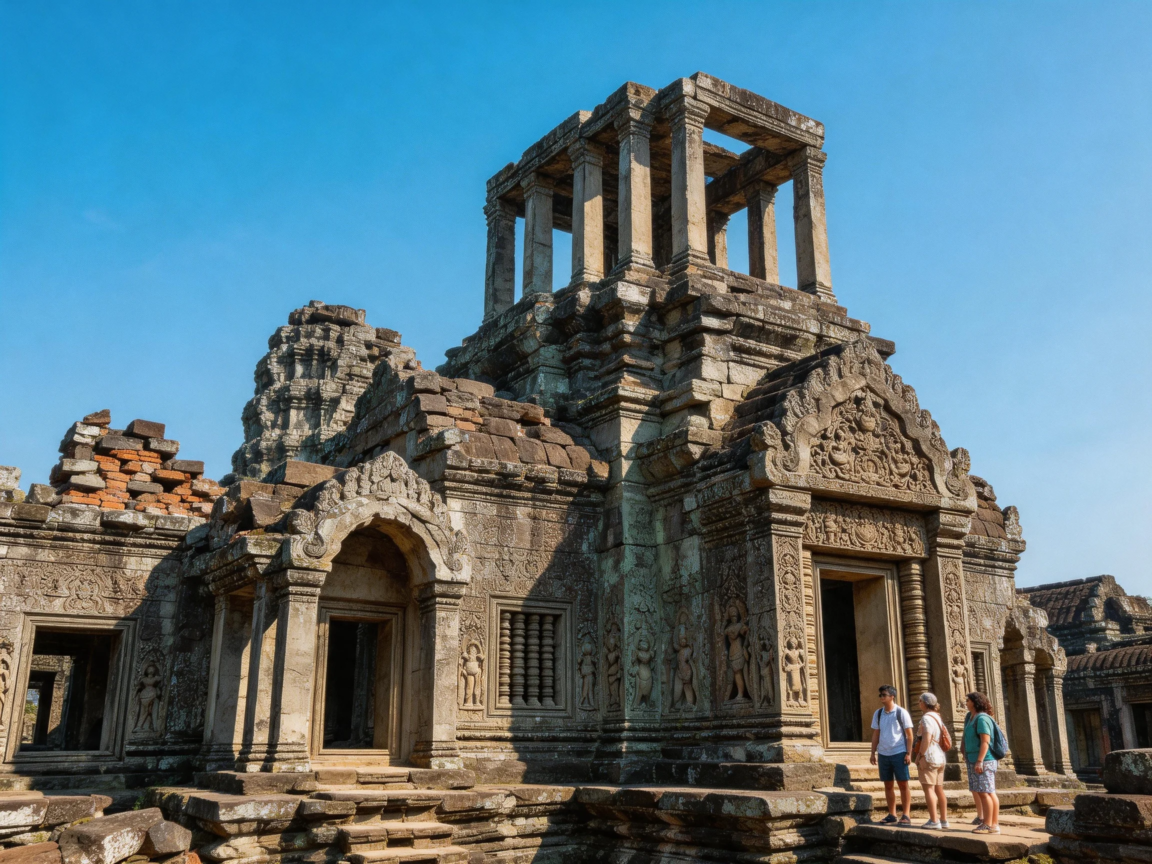 Ancient stone temple ruins with intricate carvings under bright blue sky