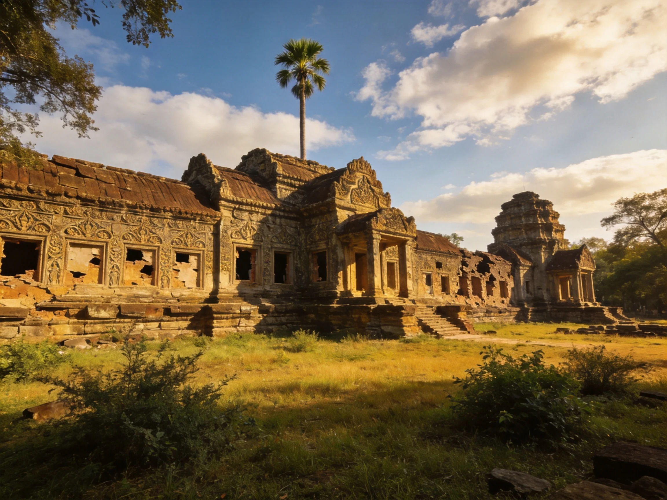 Ancient stone temple ruins with palm tree under golden sky