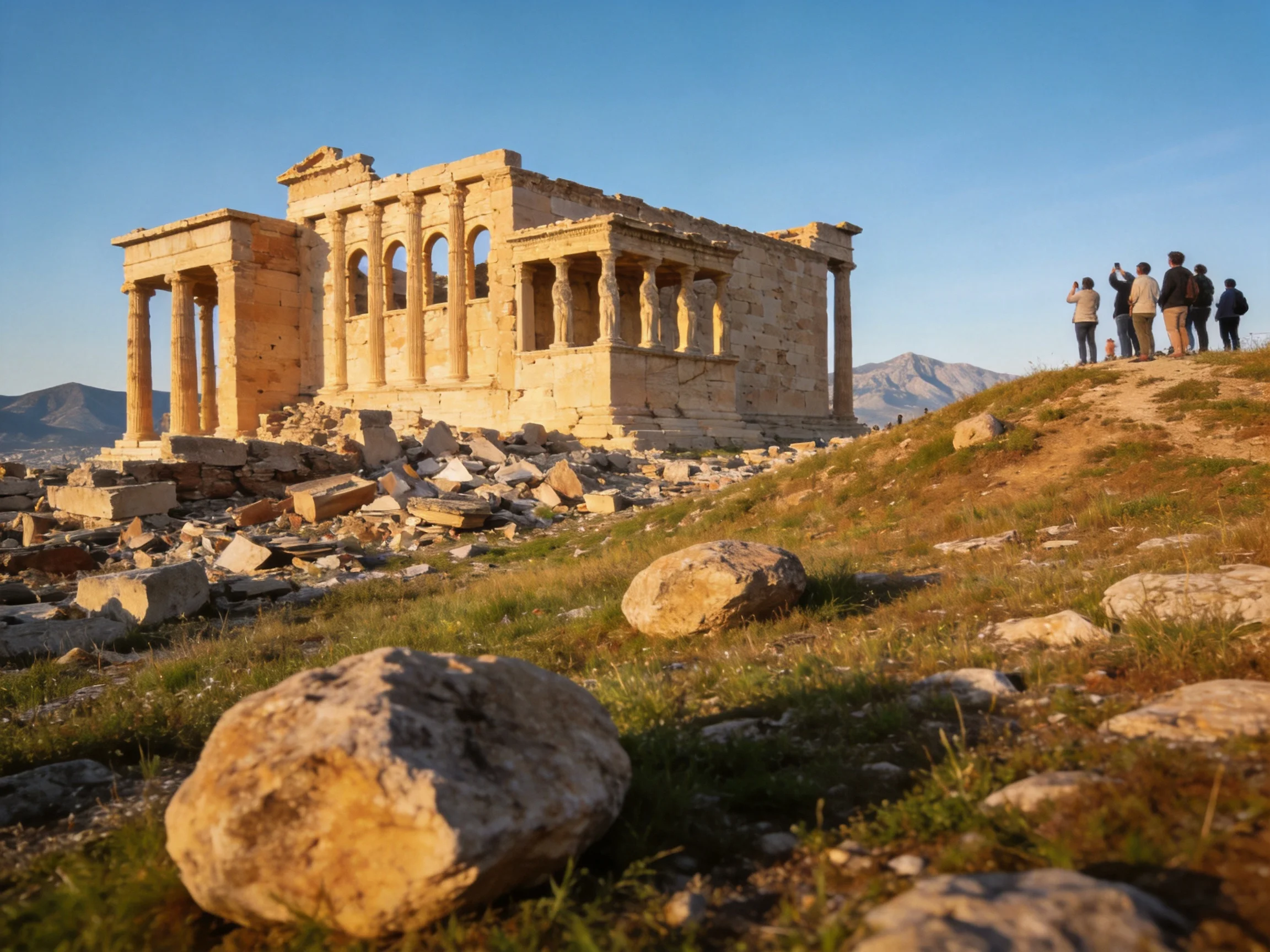 Ancient stone temple ruins with tourists on a grassy hillside under clear blue sky