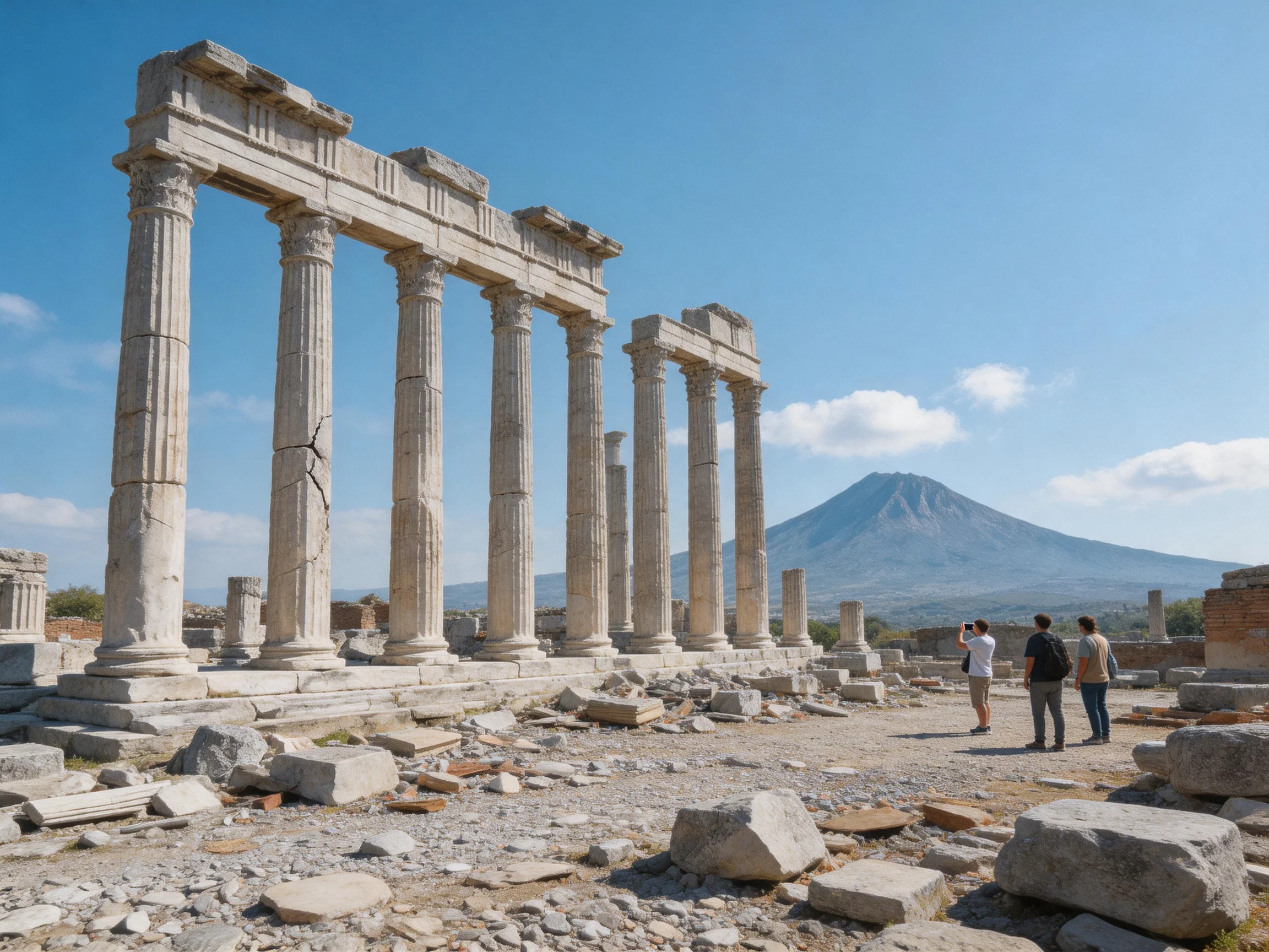 Ancient stone temple ruins with towering columns near a volcanic mountain