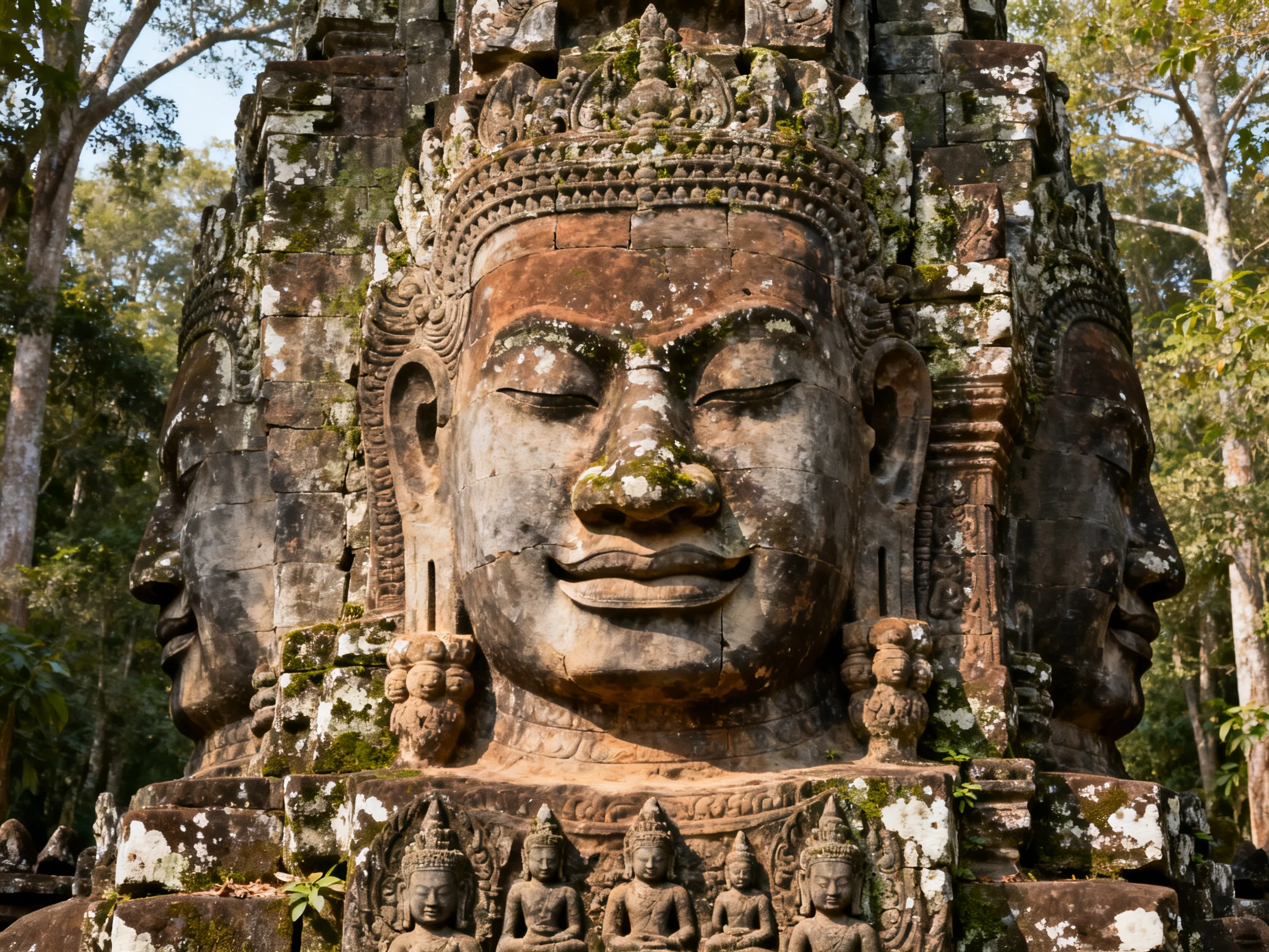 Ancient stone temple statue with multiple carved faces and moss details