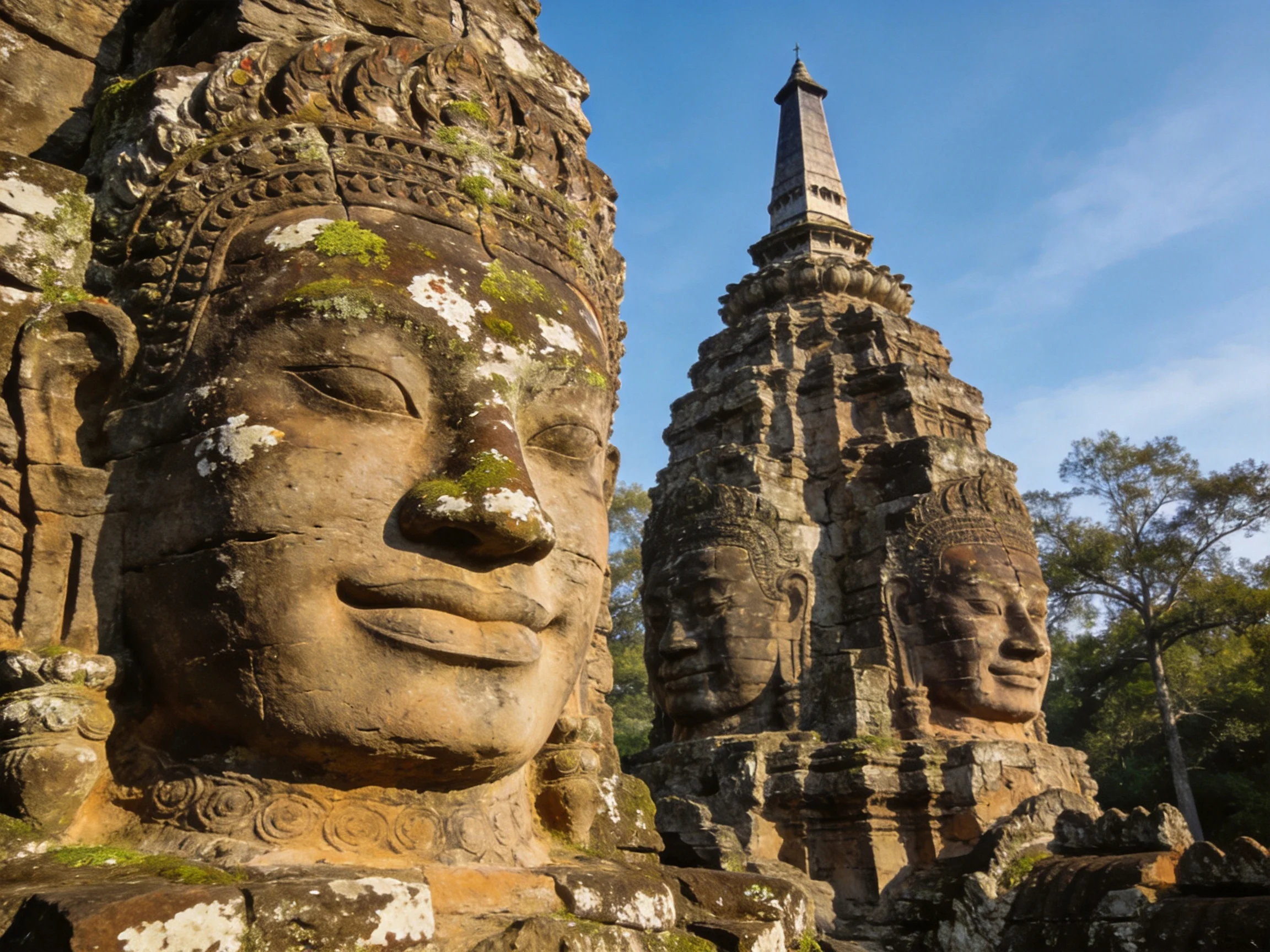 Ancient stone temple statues with weathered carvings and moss details