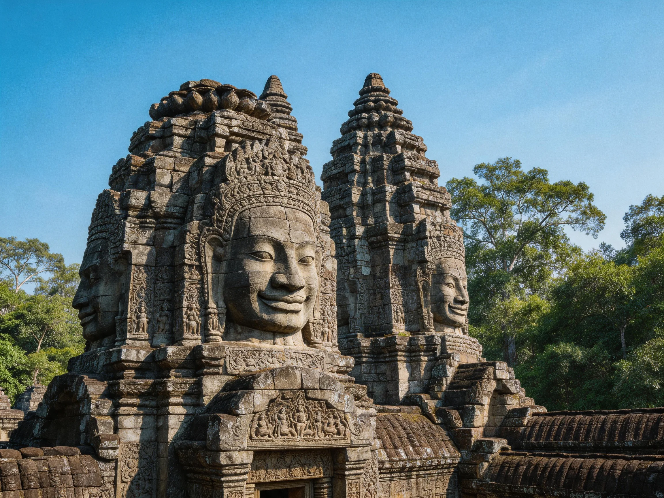 Ancient stone temple towers with multi-faced stone carvings