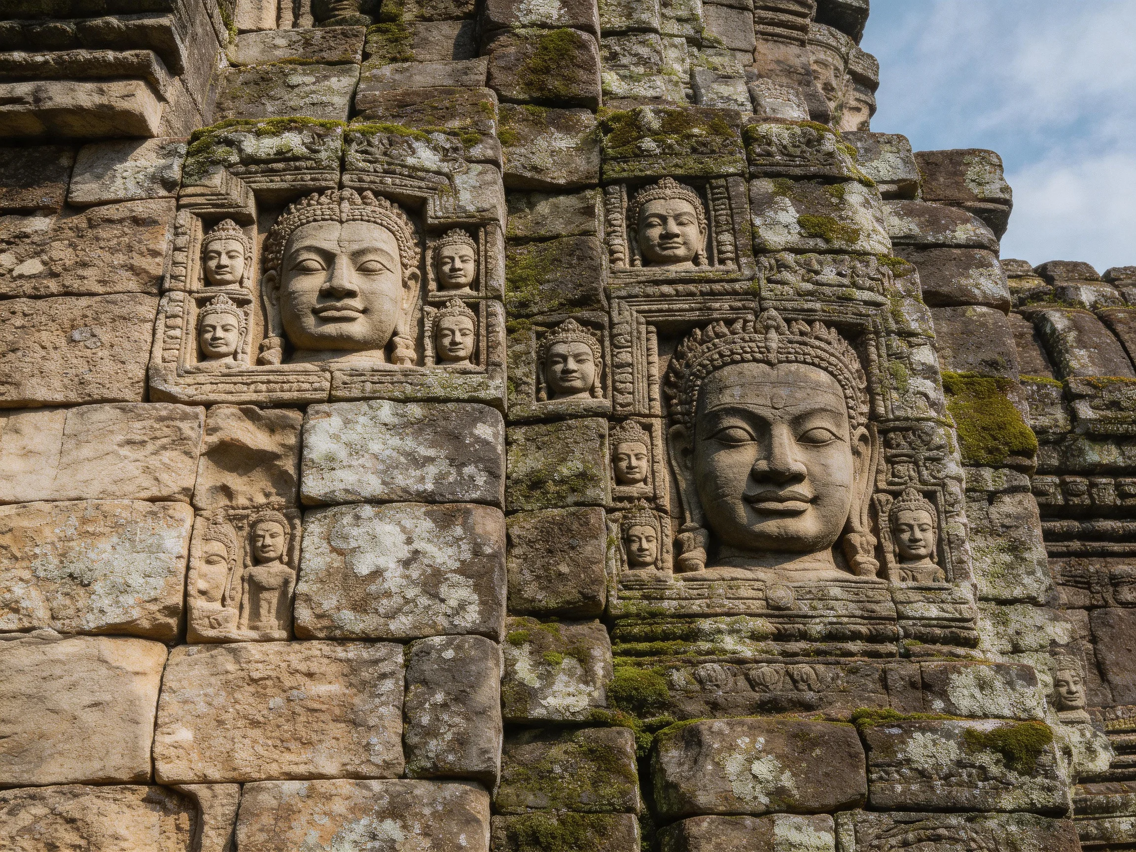 Ancient stone temple wall with detailed Buddha face carvings