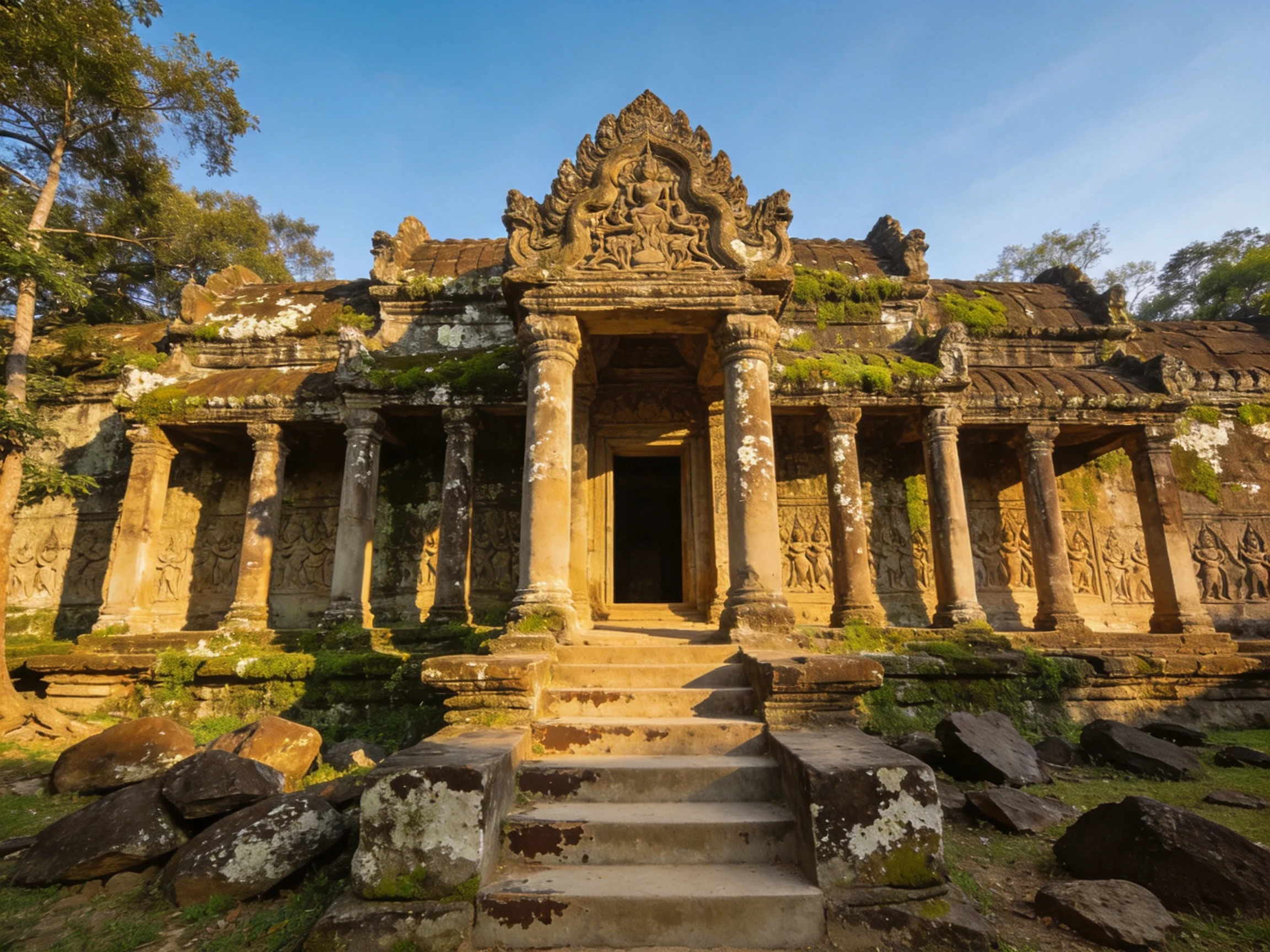 Ancient stone temple with carved columns and mossy facade