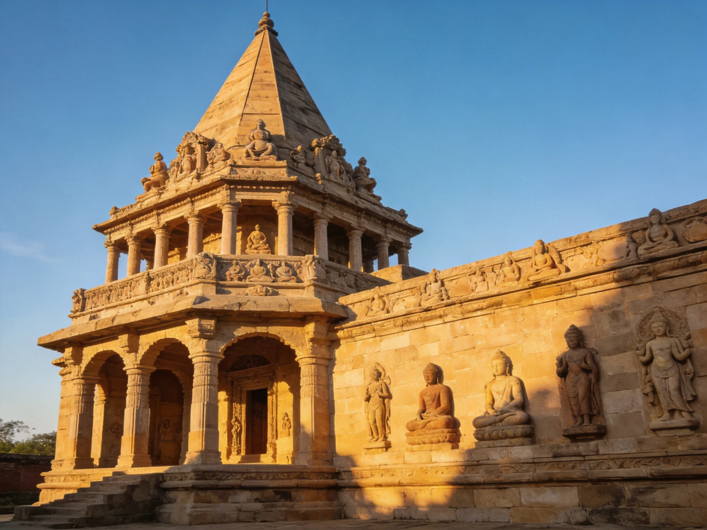 Ancient stone temple with carved statues and golden sunlight