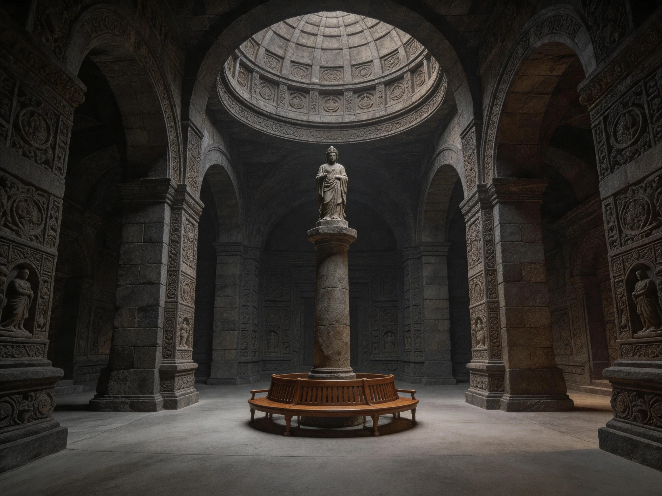 Ancient stone temple with central statue and domed ceiling