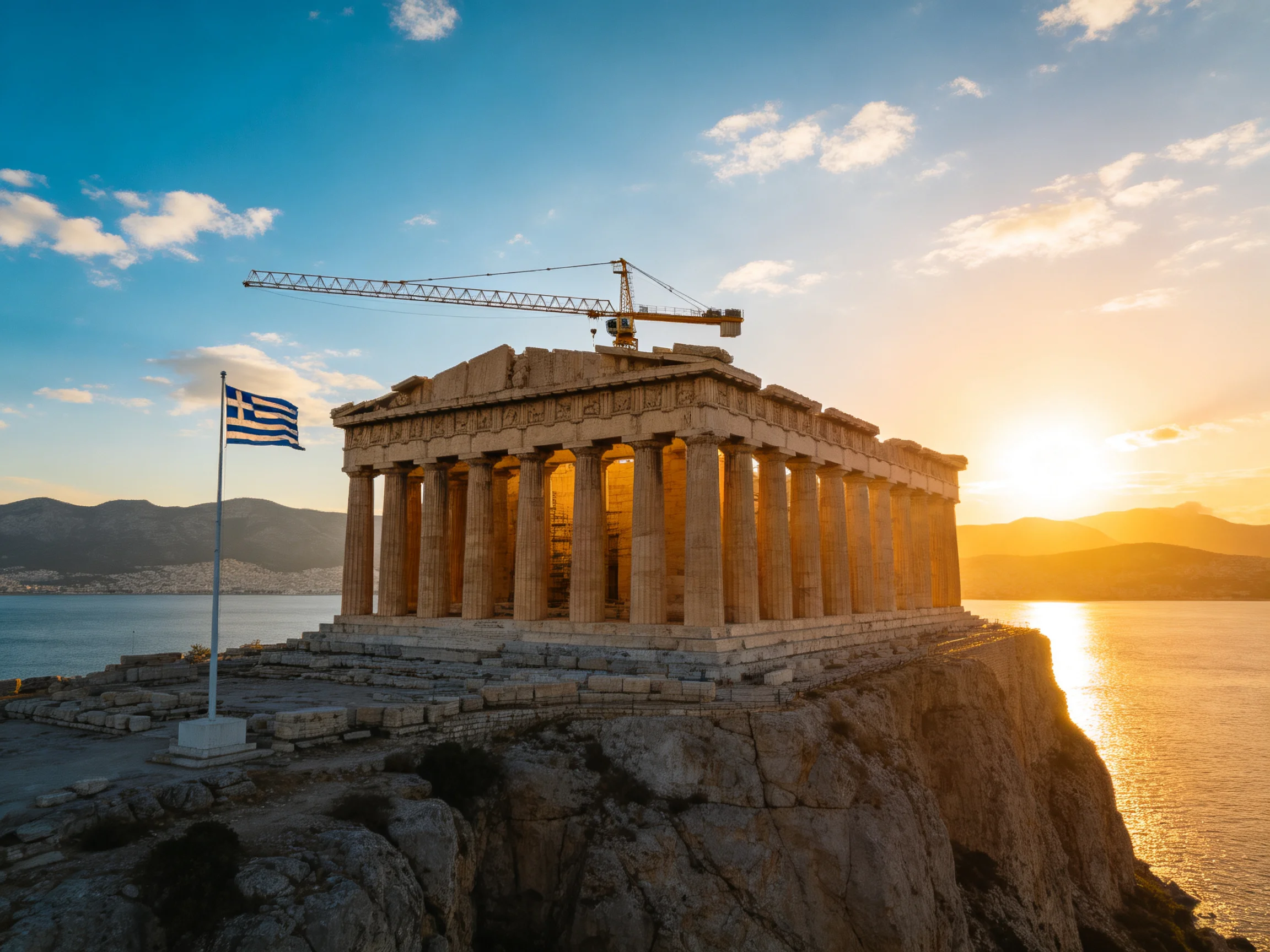 Ancient stone temple with crane, Greek flag, sunset by water