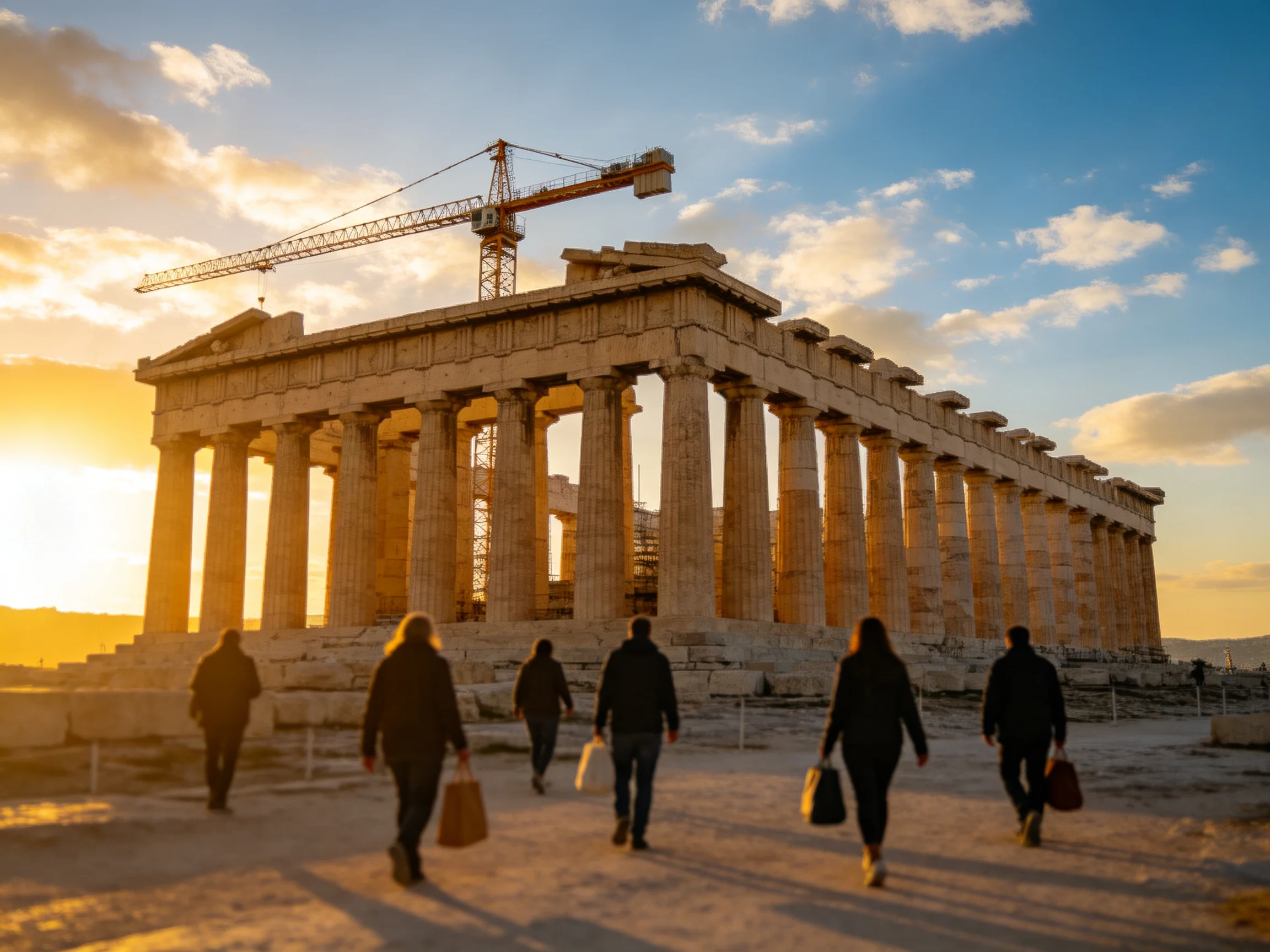 Ancient stone temple with crane, golden sunset, tourists walking