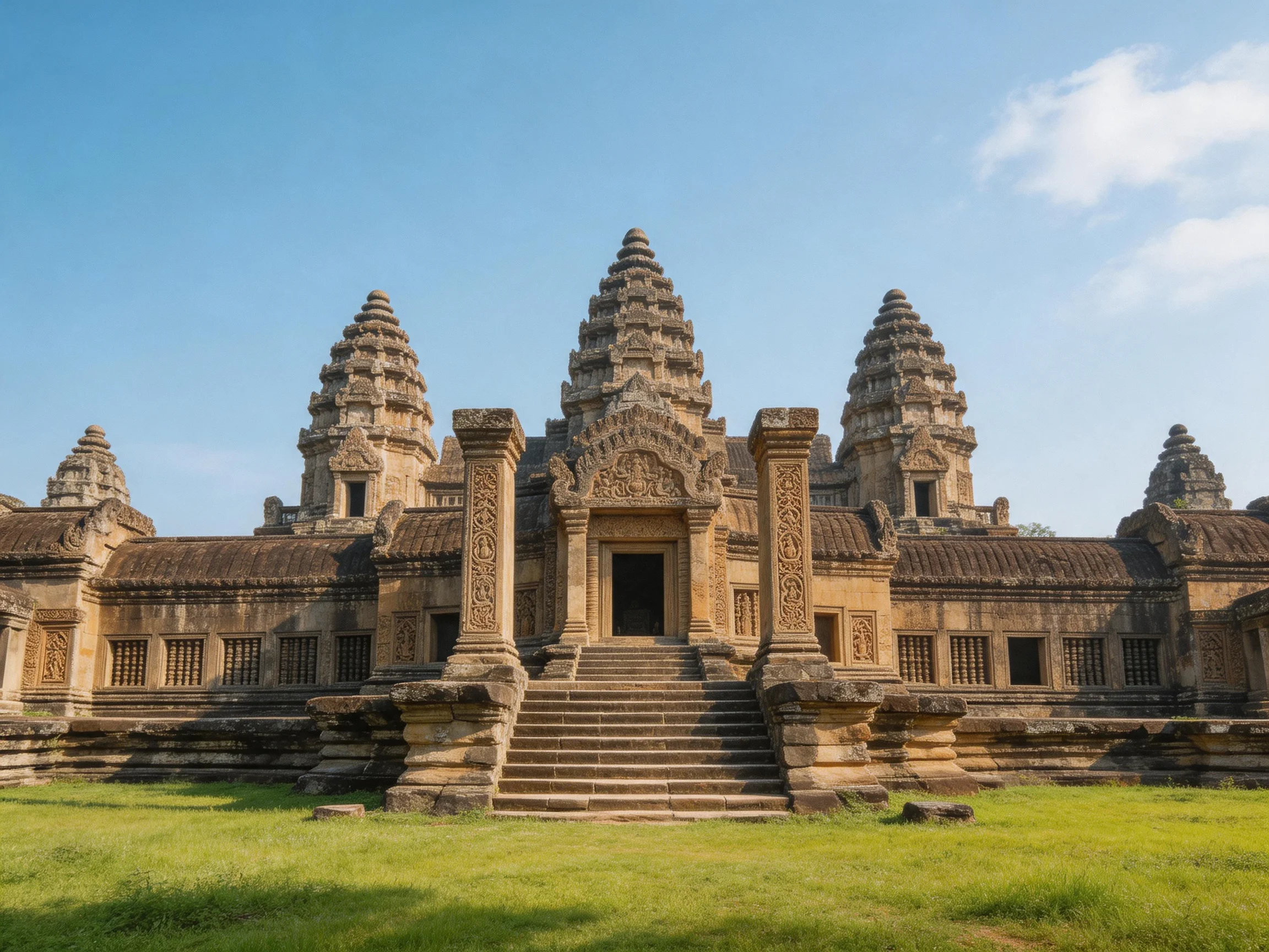 Ancient stone temple with five tower spires on lush green grass