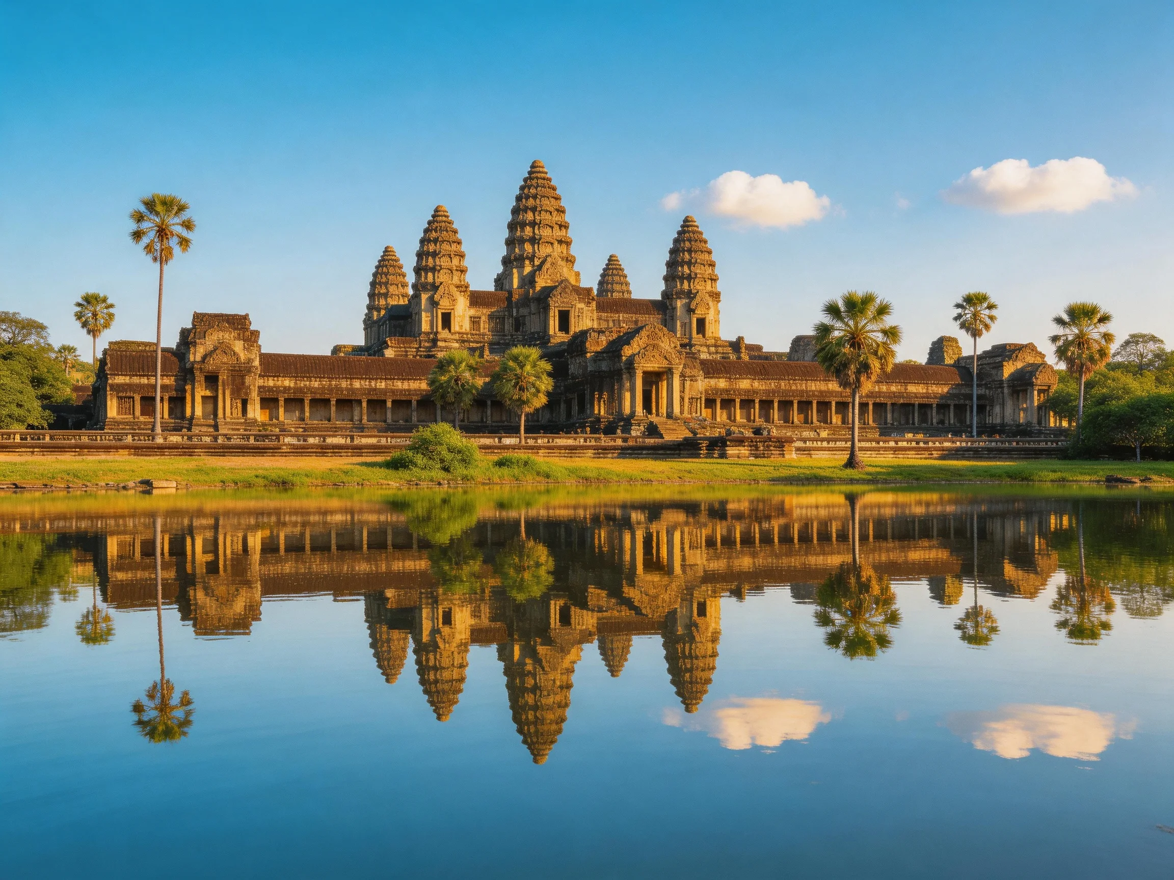 Ancient stone temple with five towers reflected in calm blue water