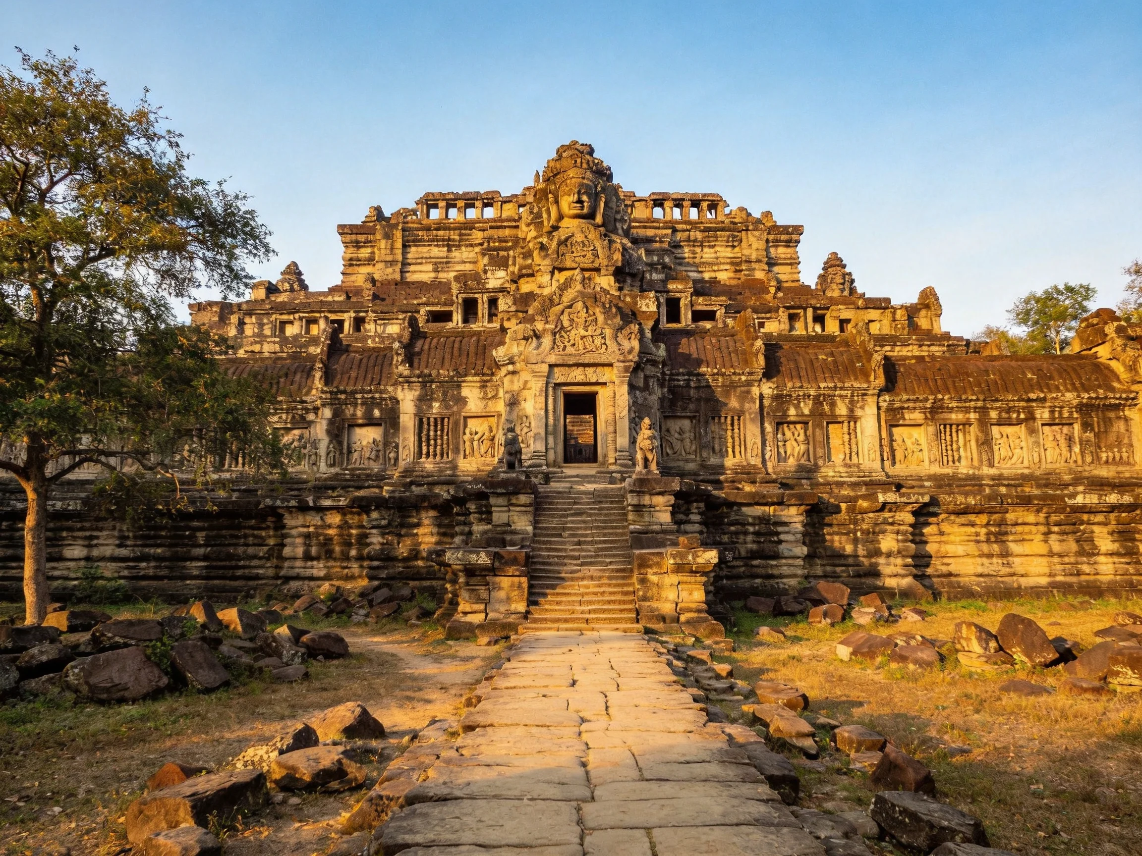 Ancient stone temple with golden-hour illumination and carved facades