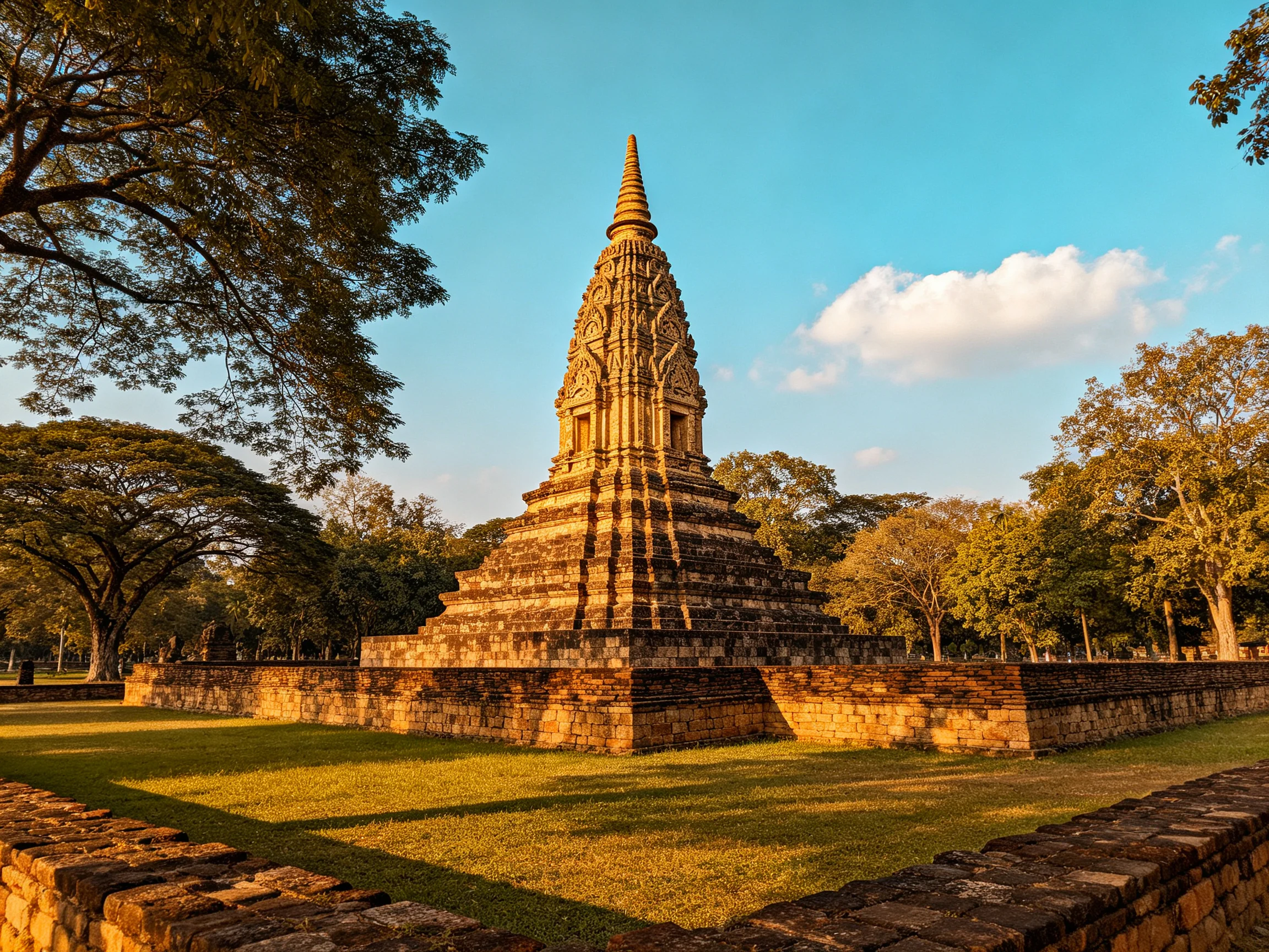 Ancient stone temple with golden lighting and surrounding trees