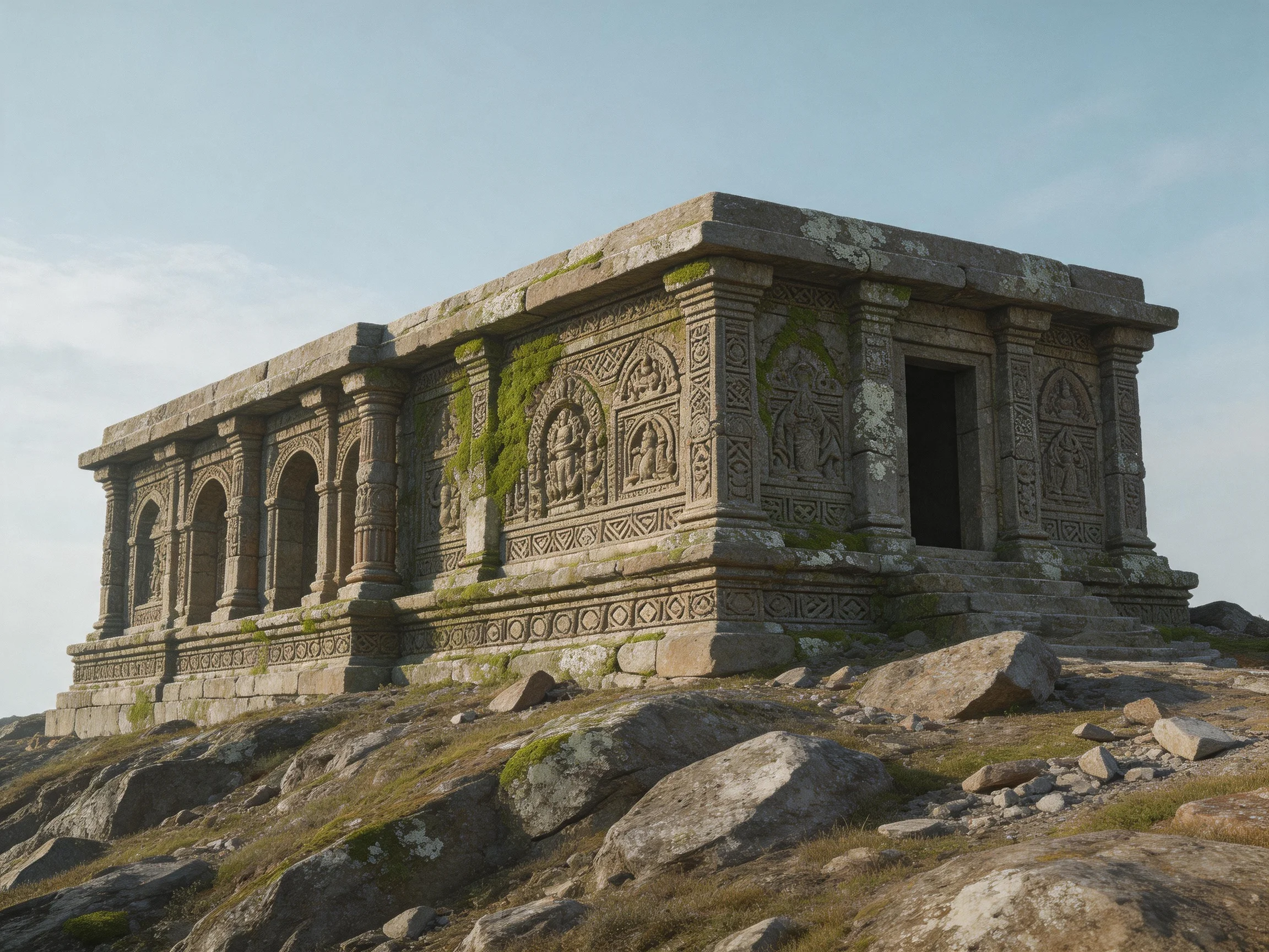 Ancient stone temple with intricate carvings on rocky terrain