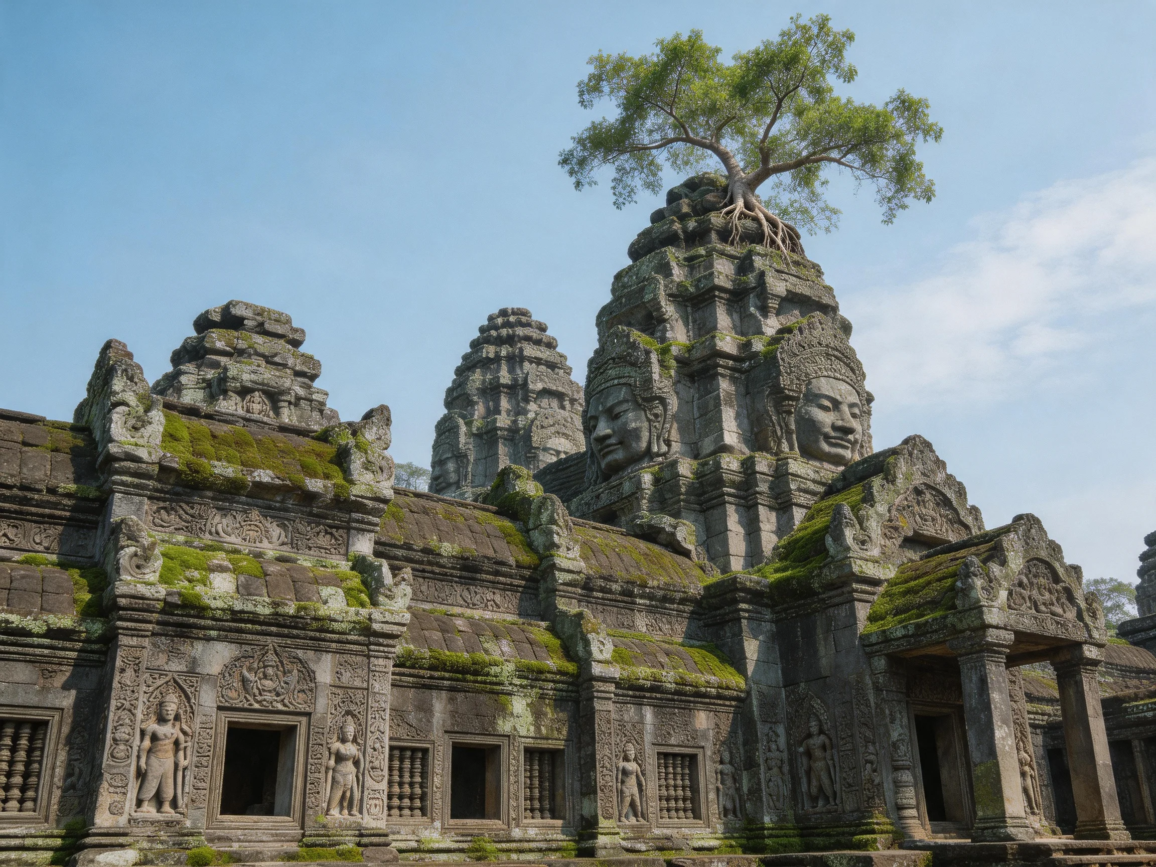 Ancient stone temple with moss-covered carvings and a tree atop