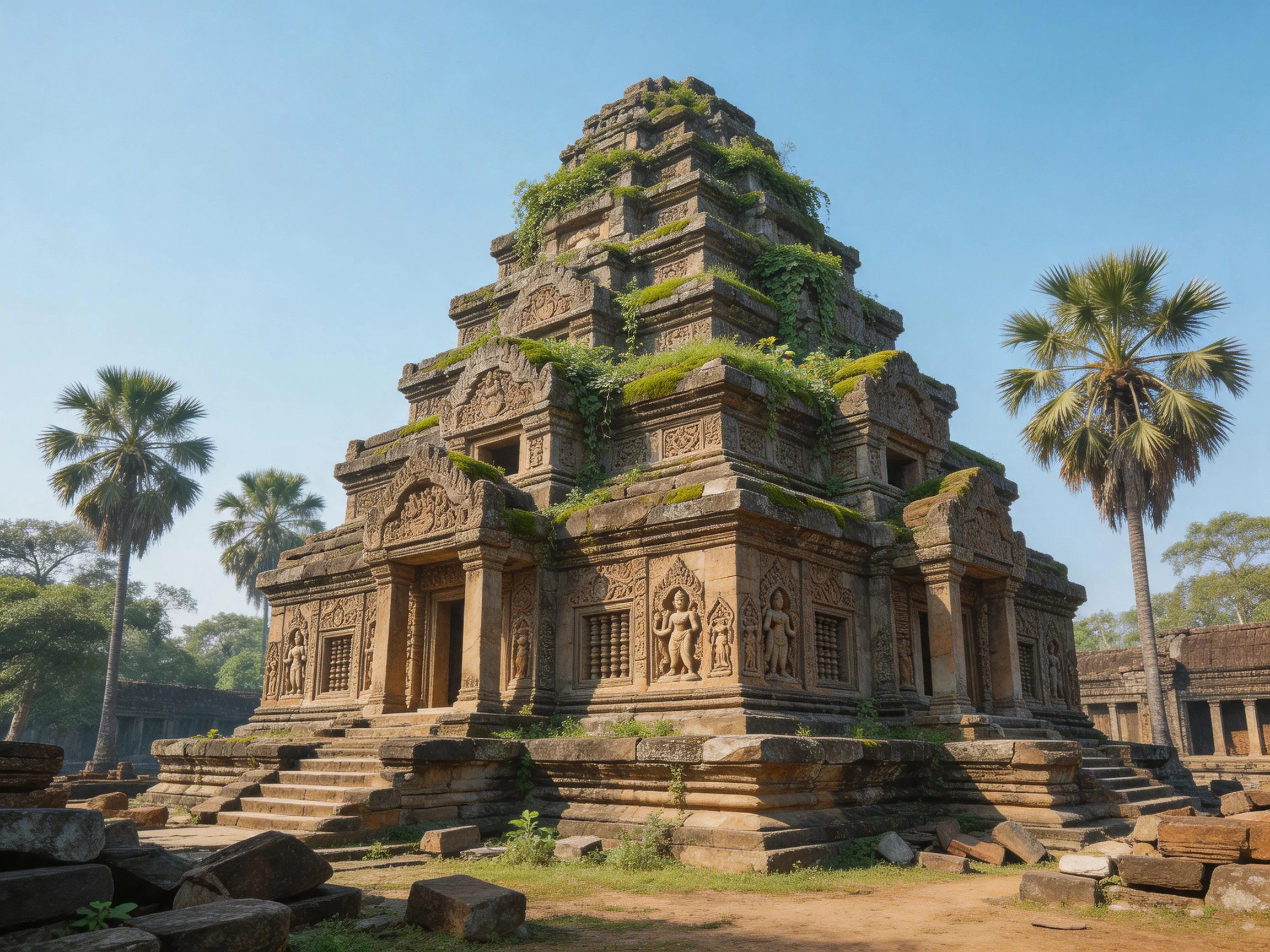 Ancient stone temple with moss-covered carvings and palm trees