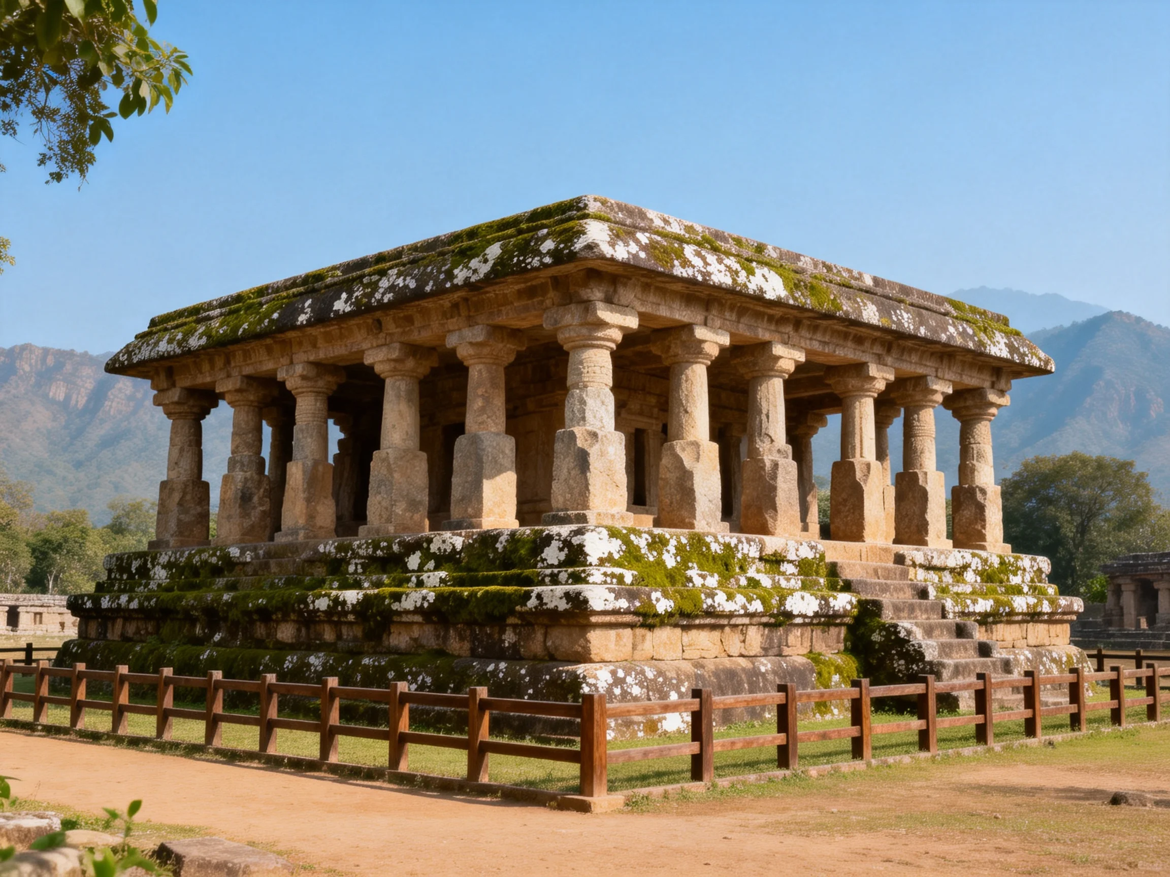 Ancient stone temple with moss-covered roof and columned structure