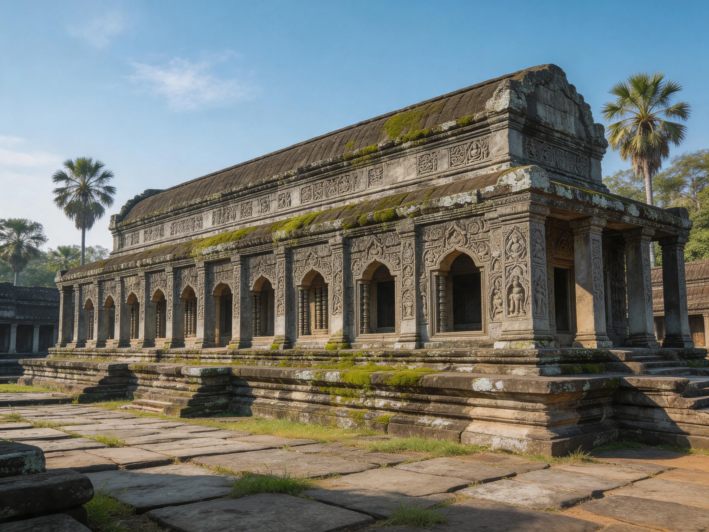 Ancient stone temple with ornate carvings and mossy exterior