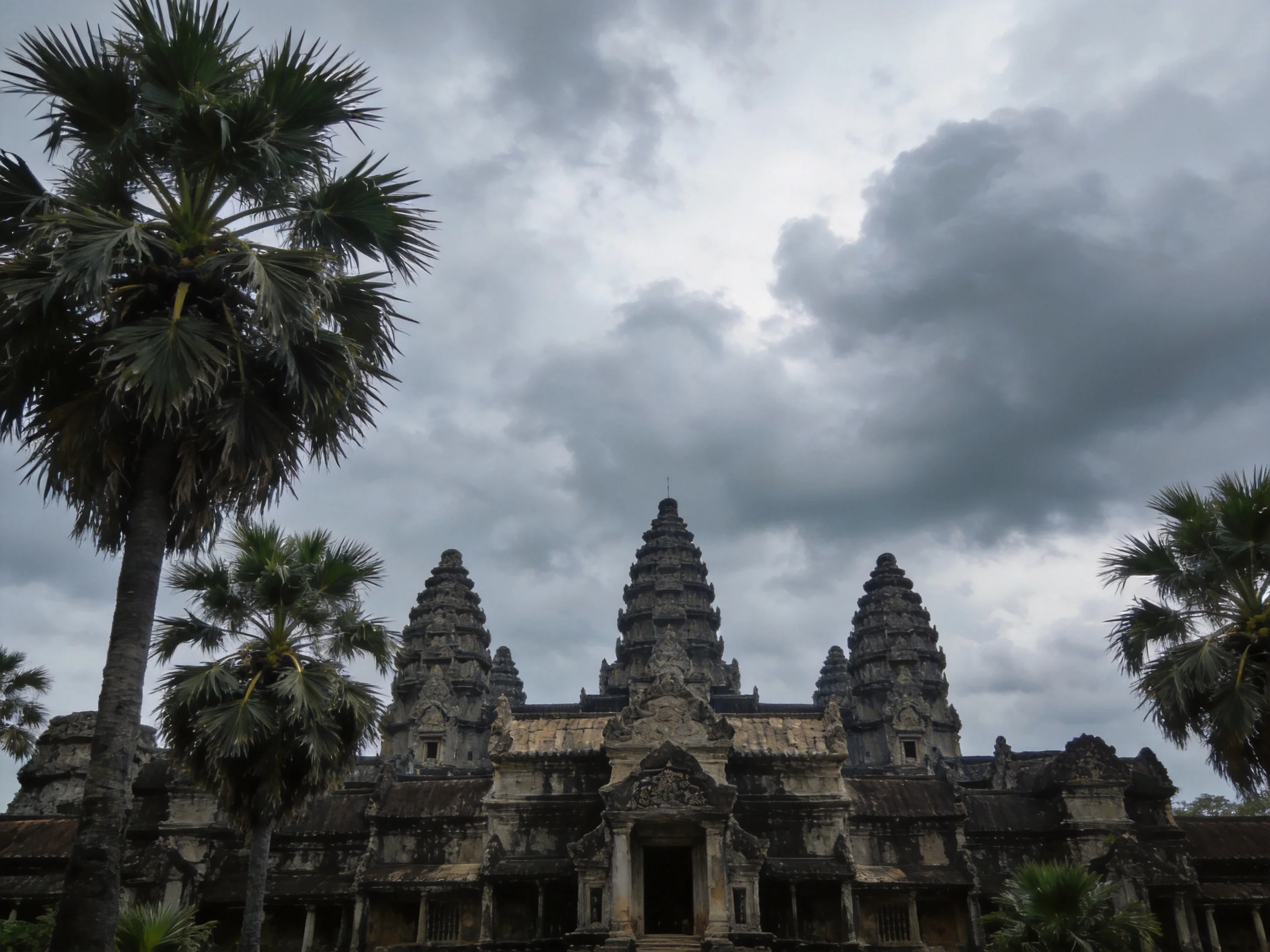 Ancient stone temple with palm trees under overcast sky