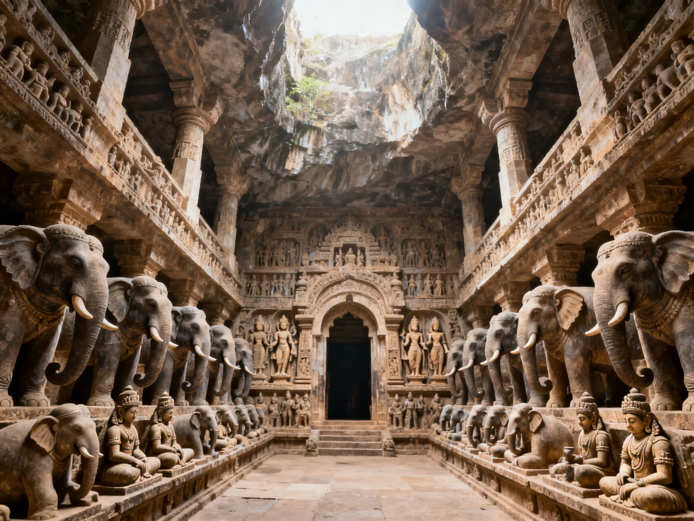 Ancient stone temple with rows of carved elephant statues