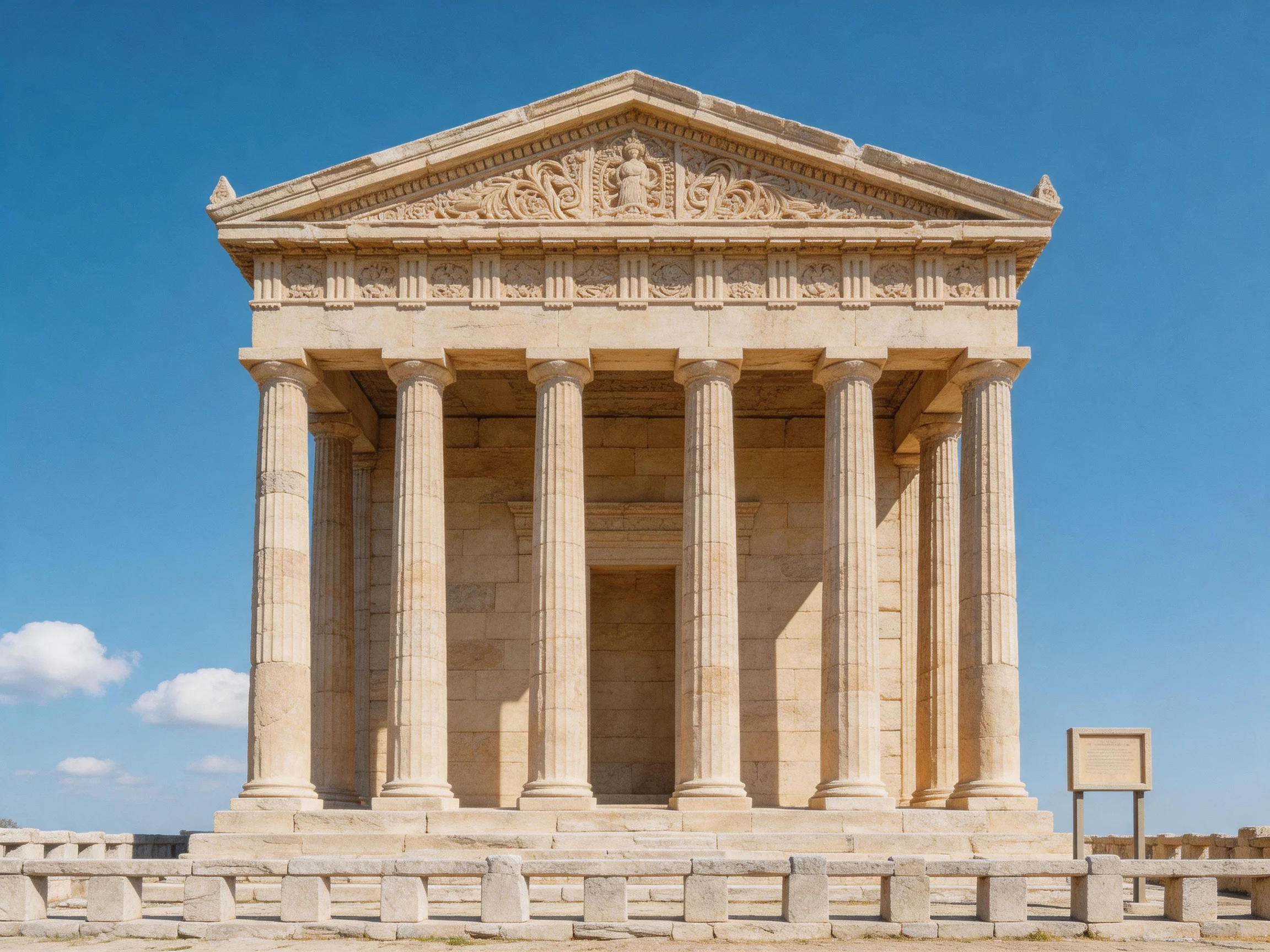 Ancient stone temple with six columns under clear blue sky