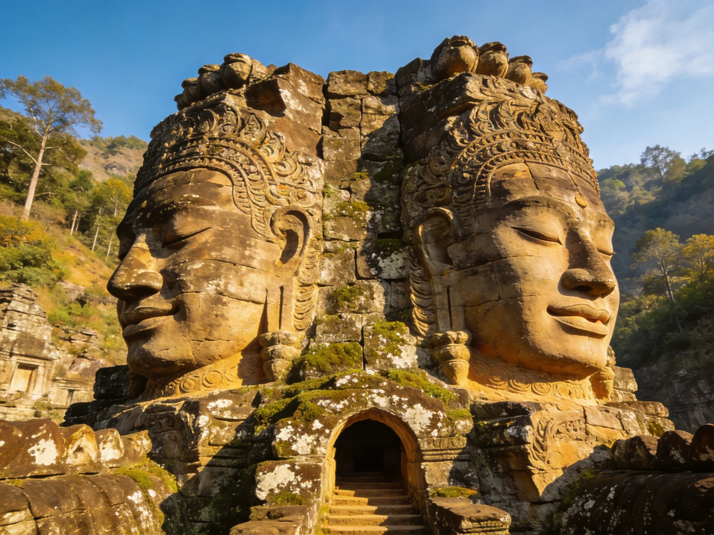 Ancient stone temple with twin carved Buddha heads, moss-covered ruins