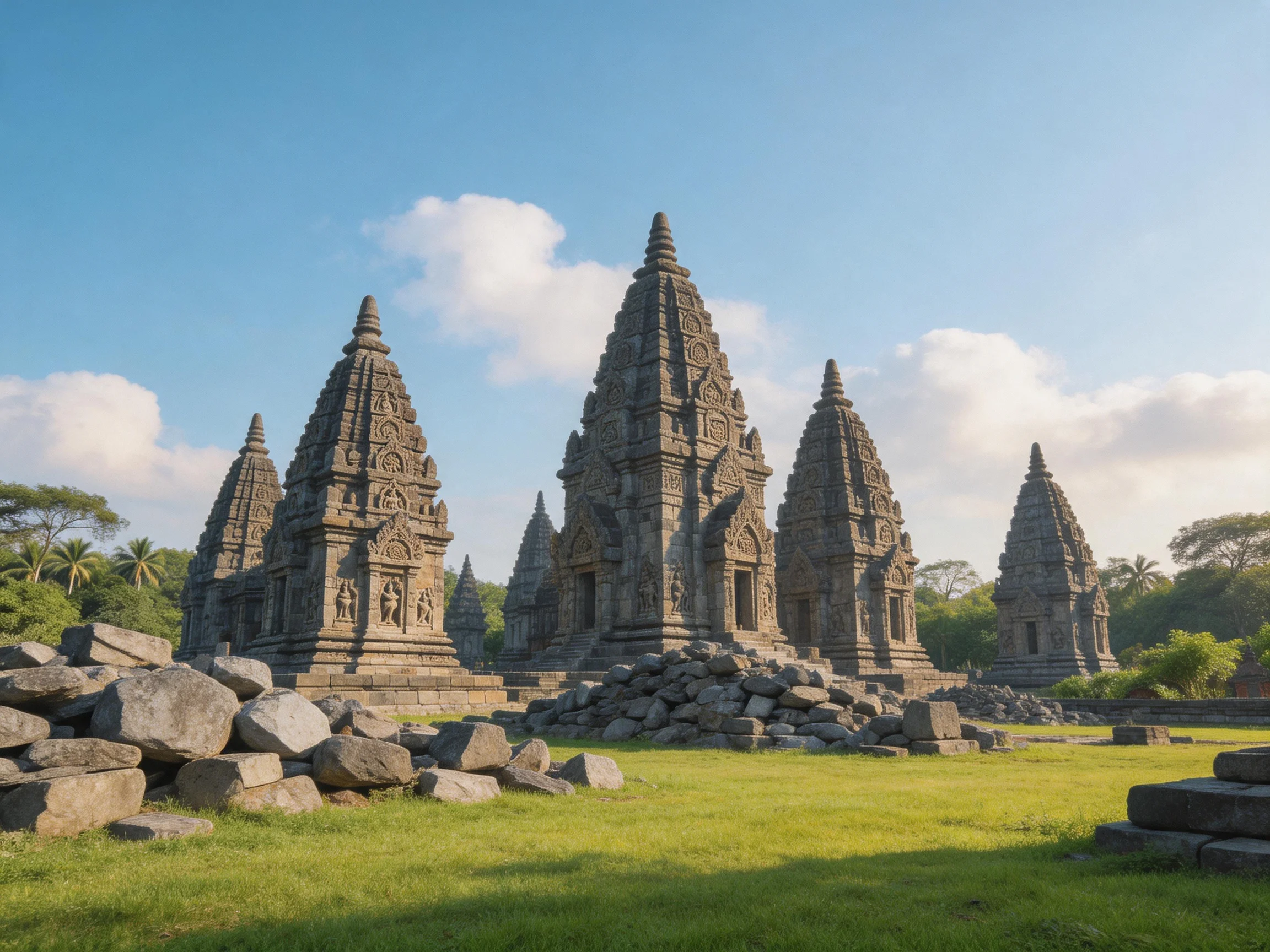 Ancient stone temples grouped among rocks and green grass under a clear blue sky