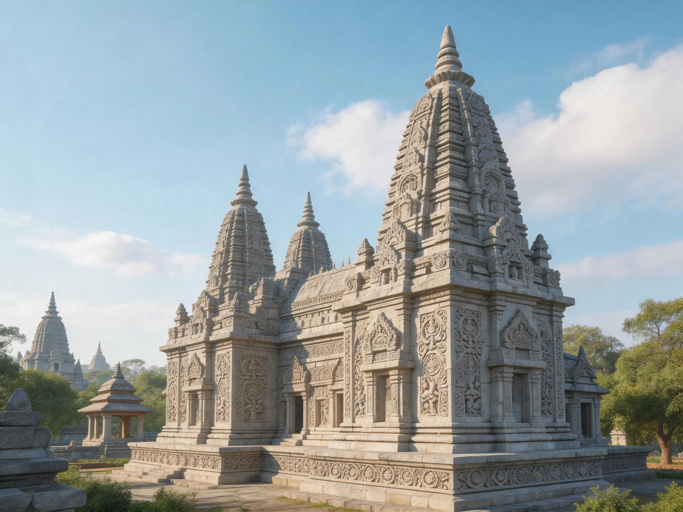 Ancient stone temples with elaborate carvings and multiple spires