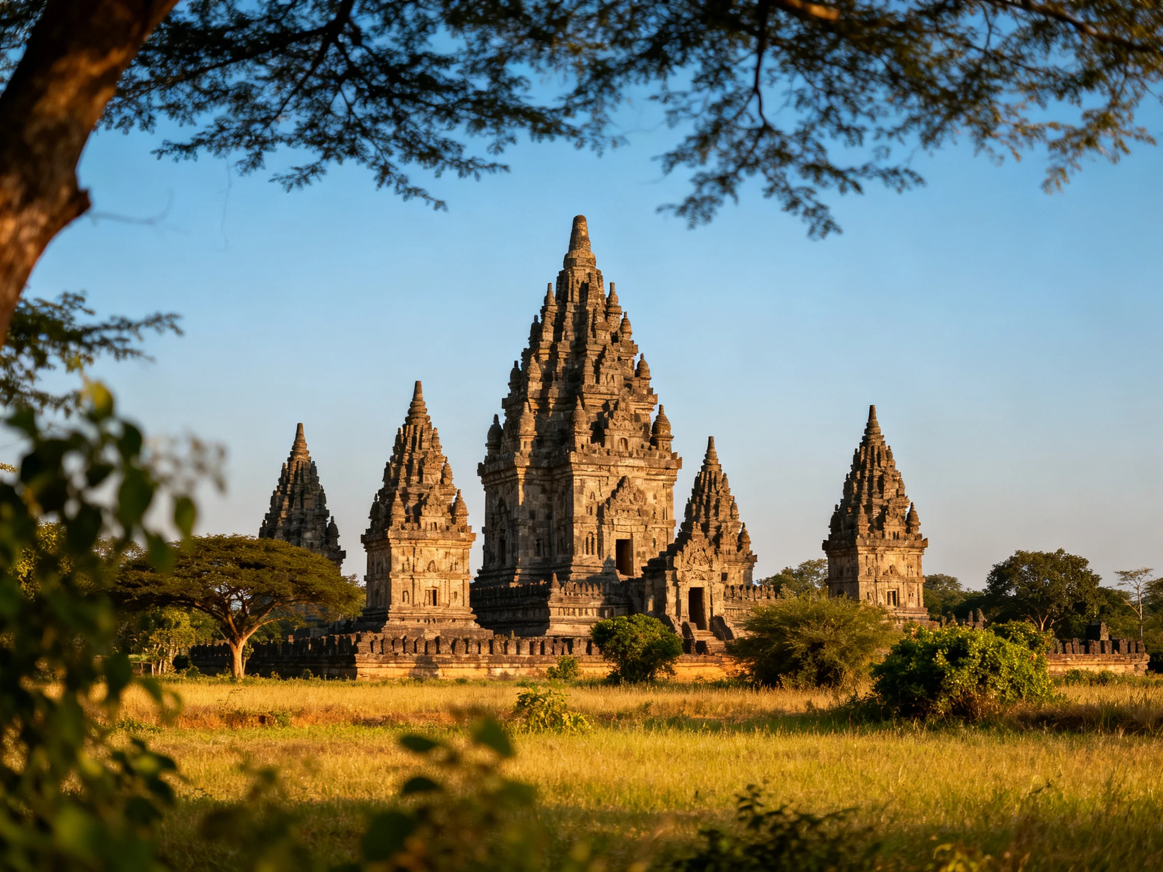 Ancient stone temples with multiple spires in verdant landscape