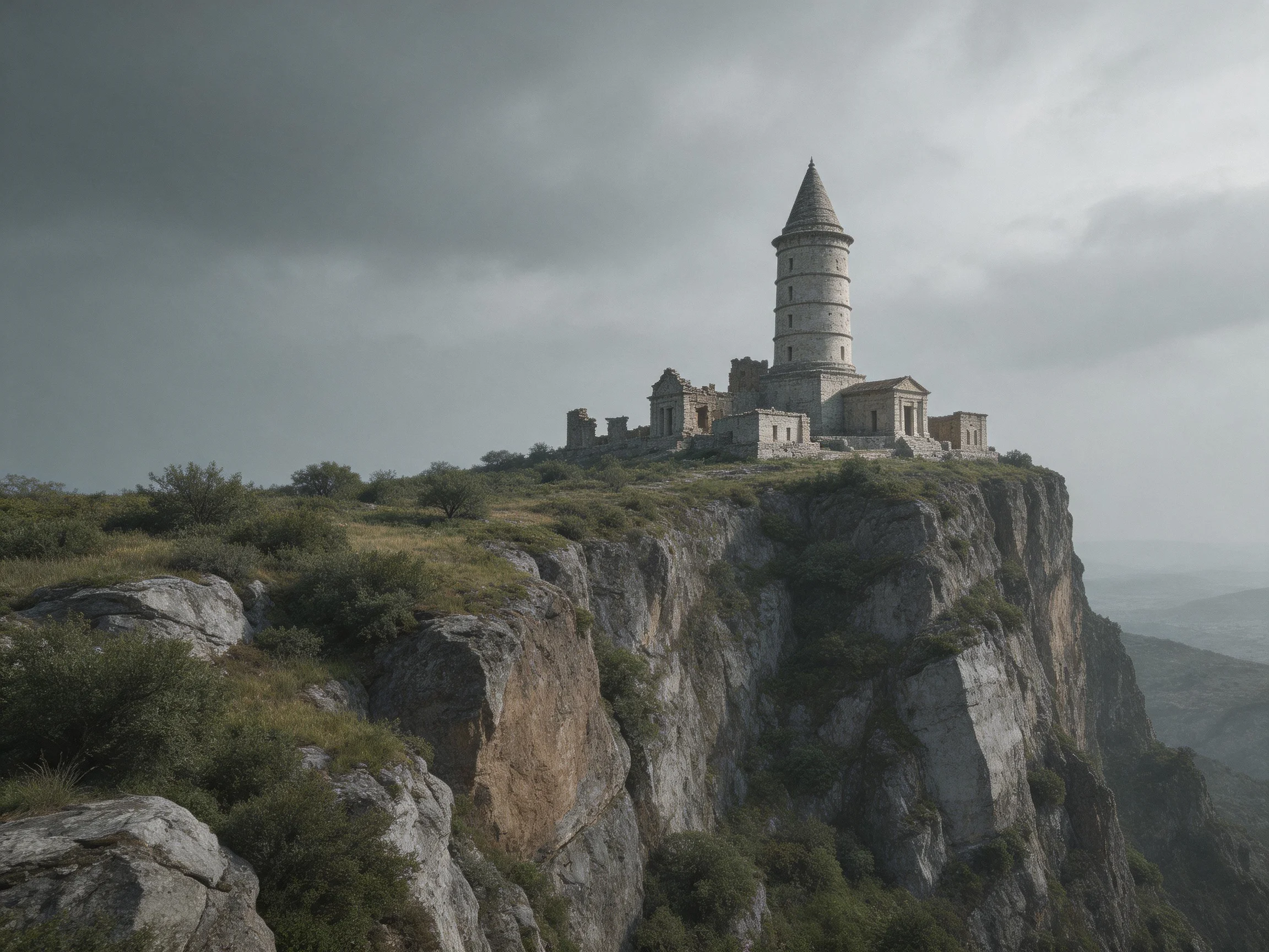 Ancient stone tower atop a steep rocky cliff under gray skies