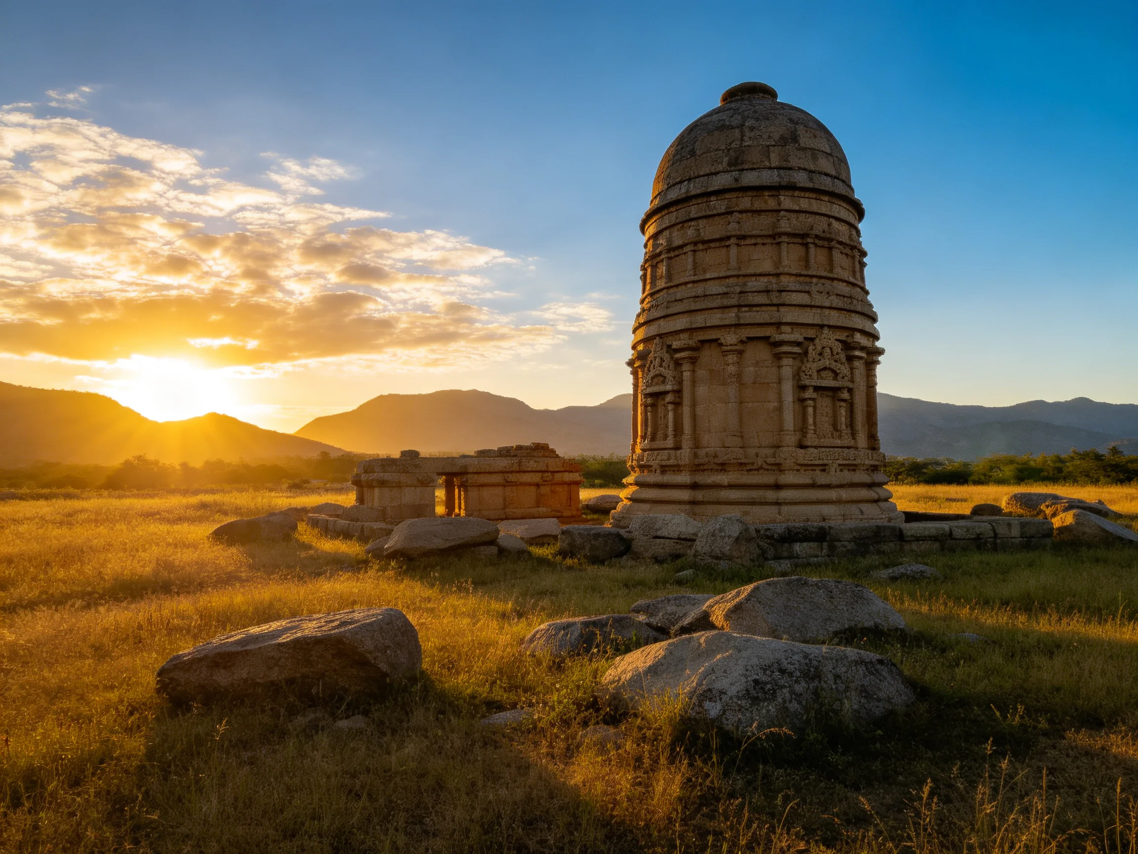 Ancient stone tower in golden field under vibrant sunset