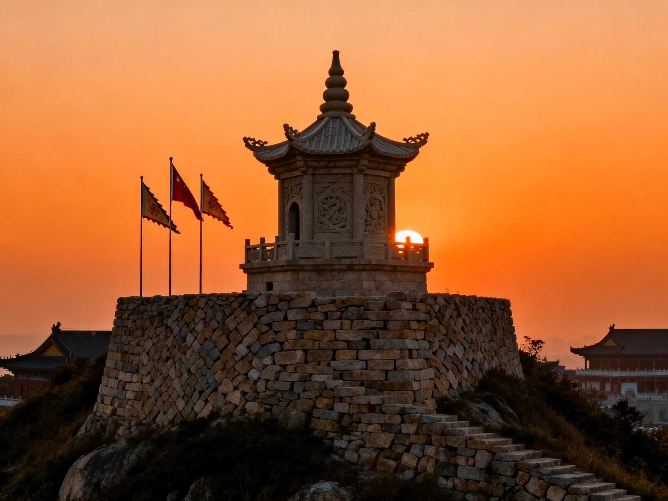 Ancient stone tower on rocky hilltop under fiery orange sunset