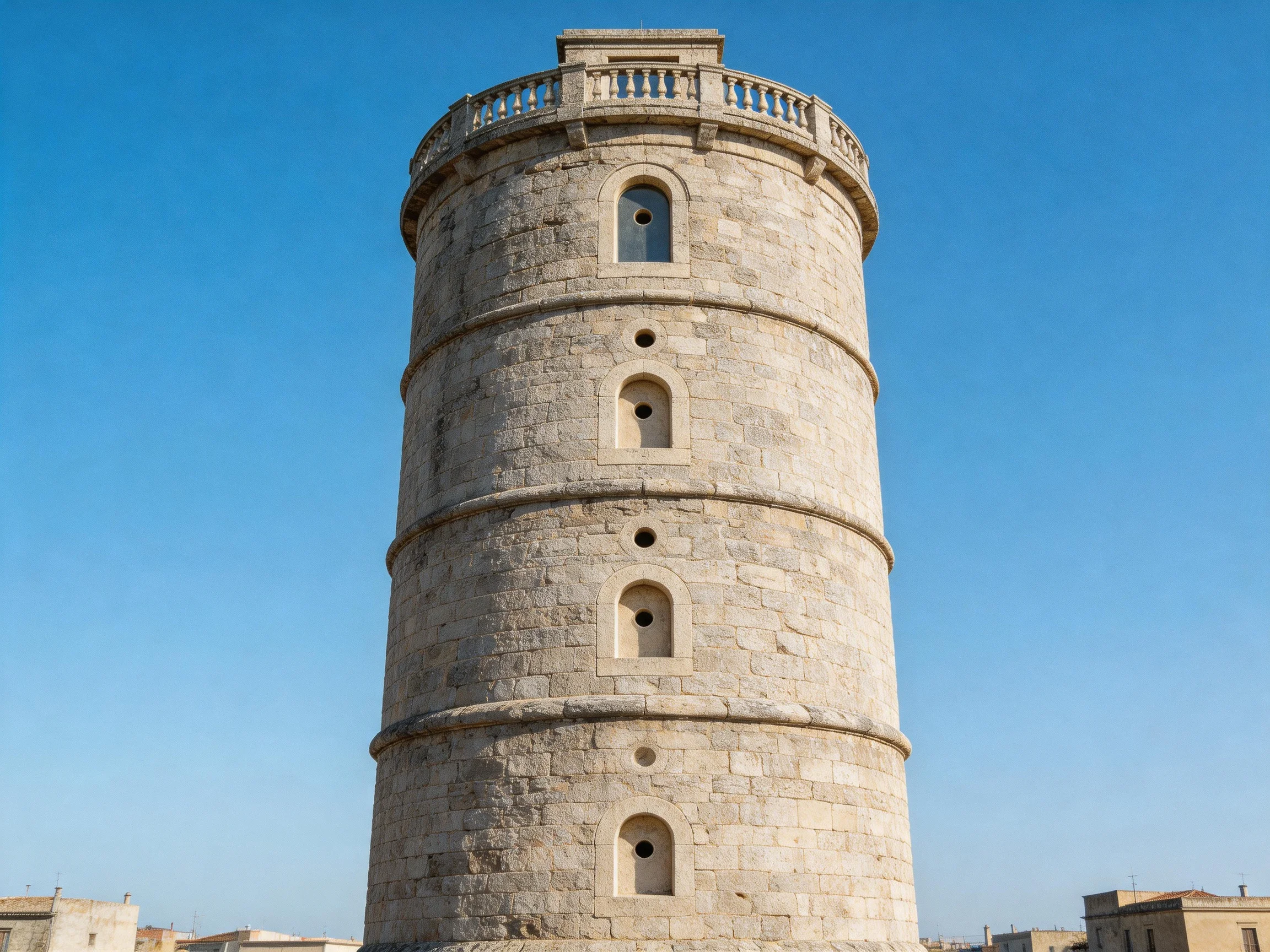 Ancient stone tower with five arched windows under clear blue sky