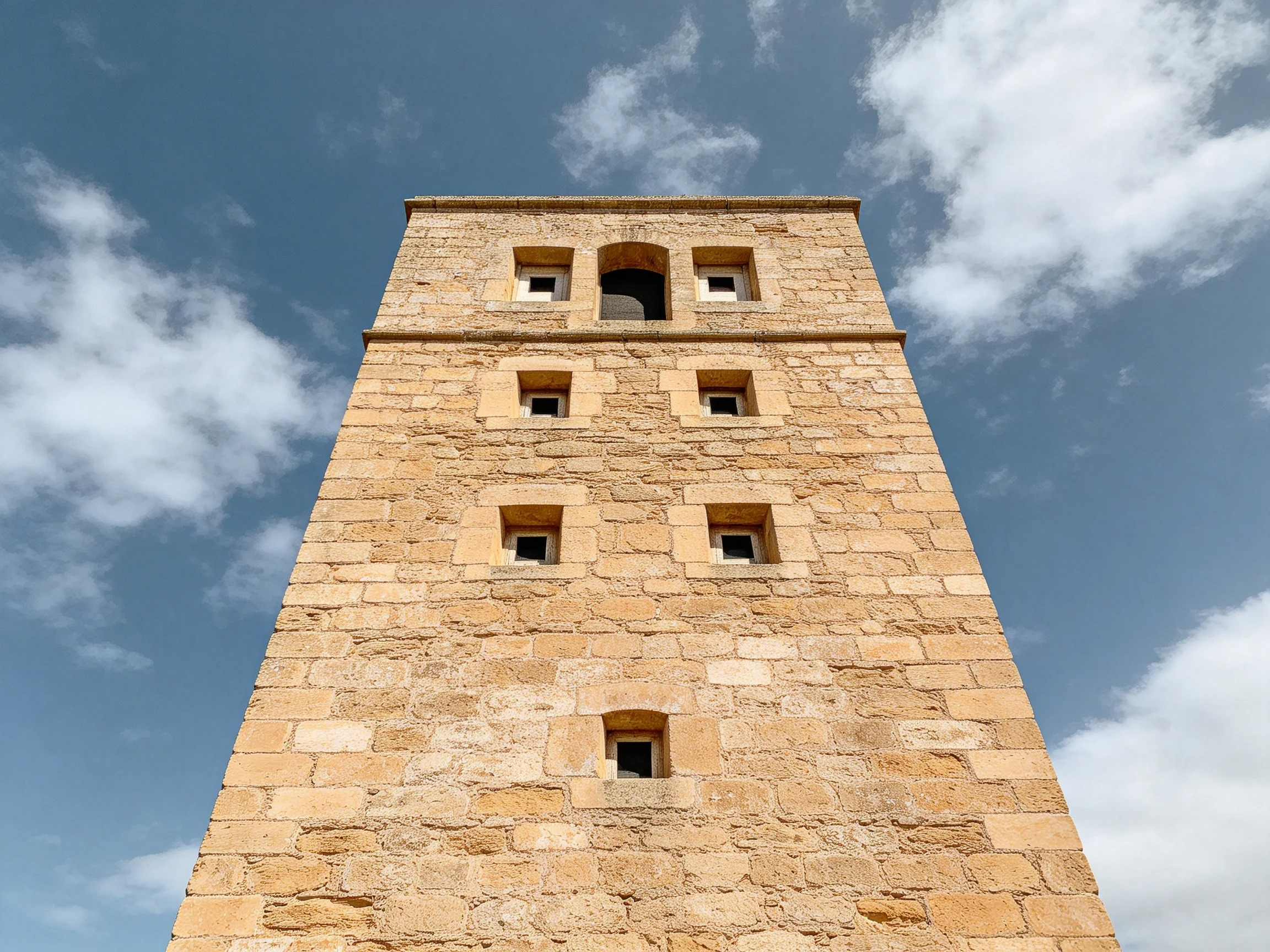 Ancient stone tower with multiple small windows under bright blue sky