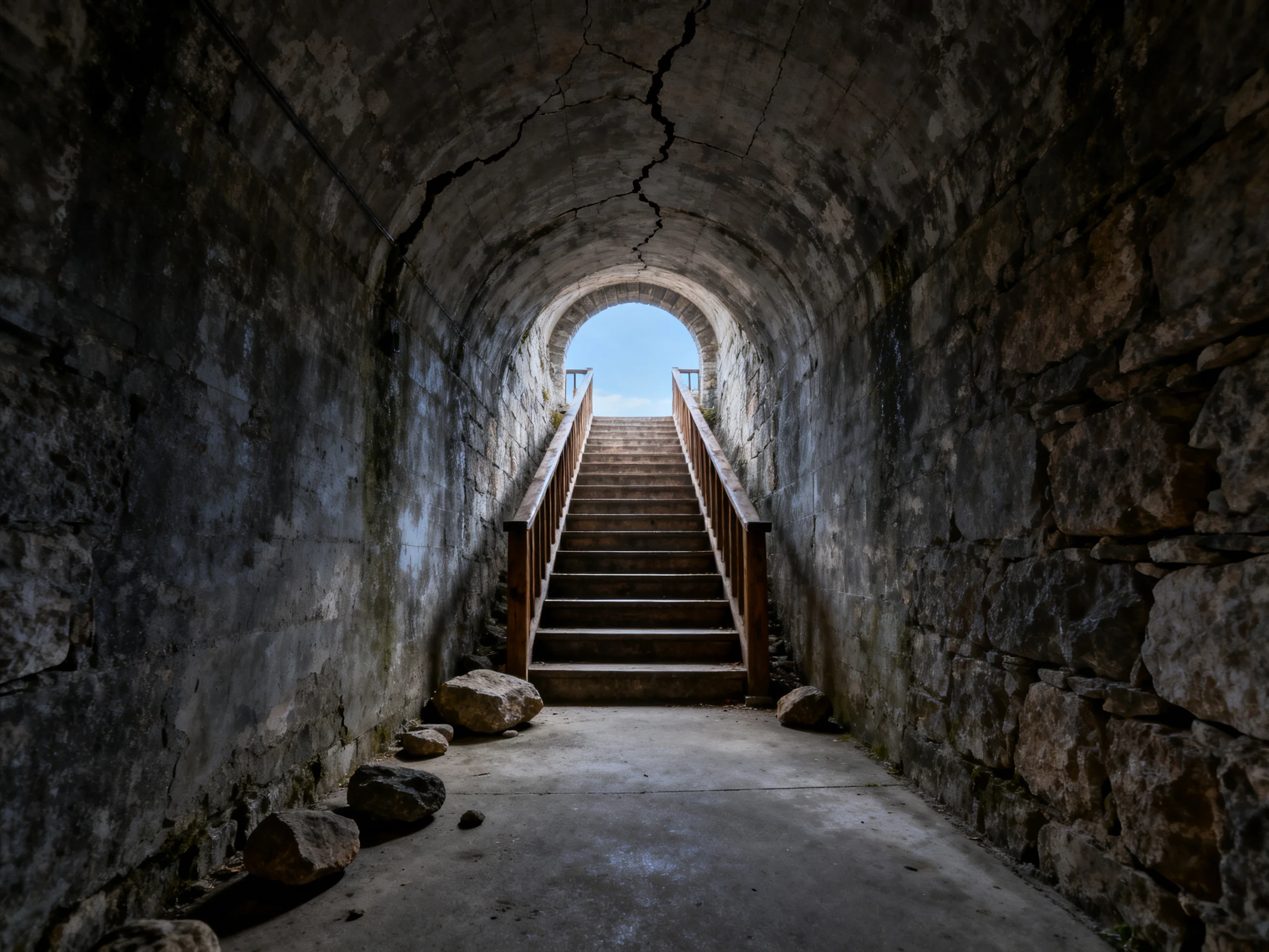 Ancient stone tunnel with wooden stairs leading to bright sky