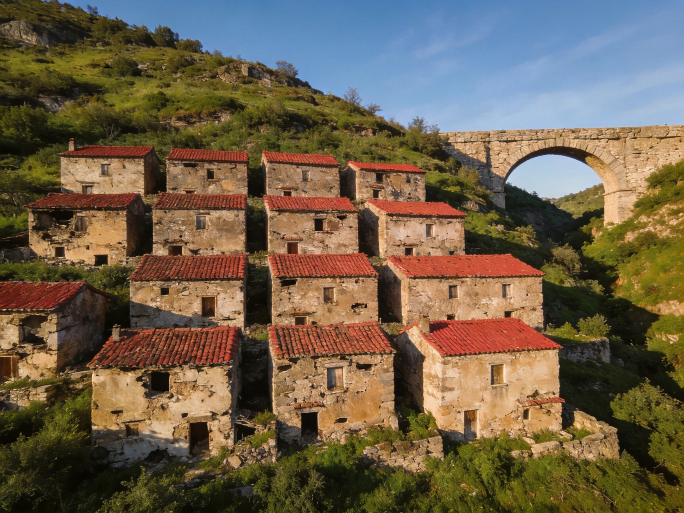 Ancient stone village with red-tiled roofs near a historic arch bridge