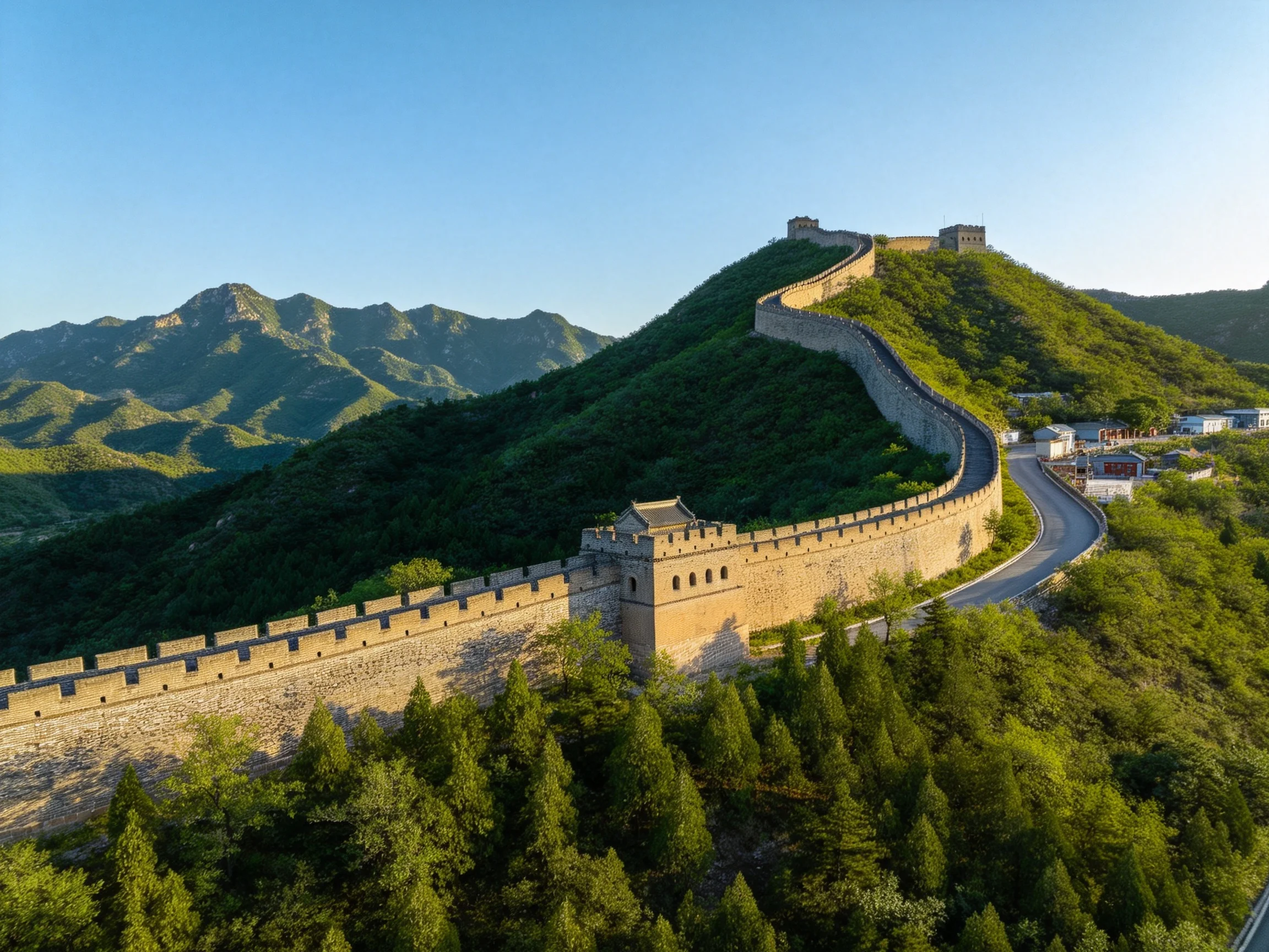 Ancient stone wall winds along lush green hills under bright blue sky