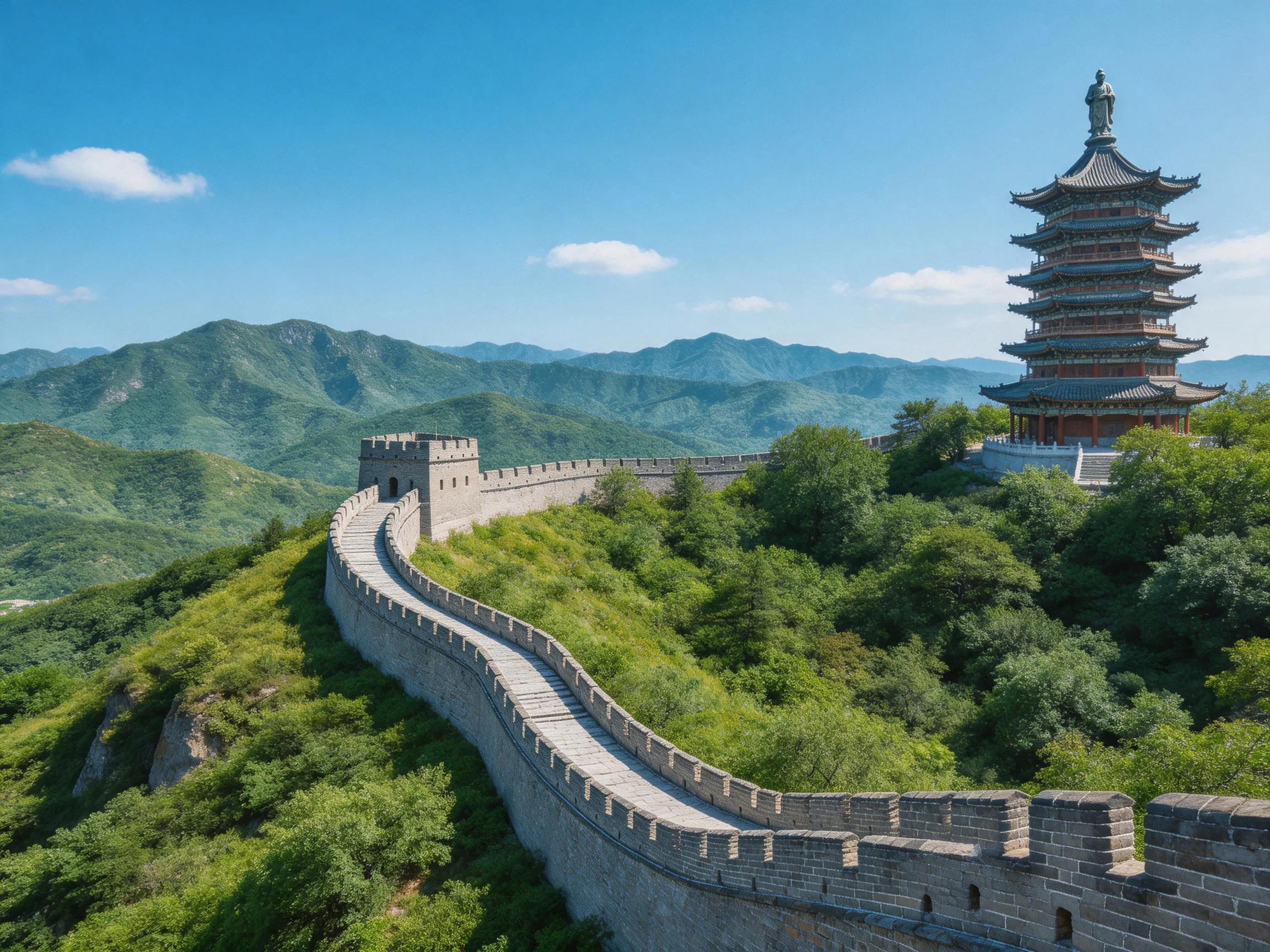 Ancient stone wall winds beside a multi-tiered pagoda amid verdant mountains