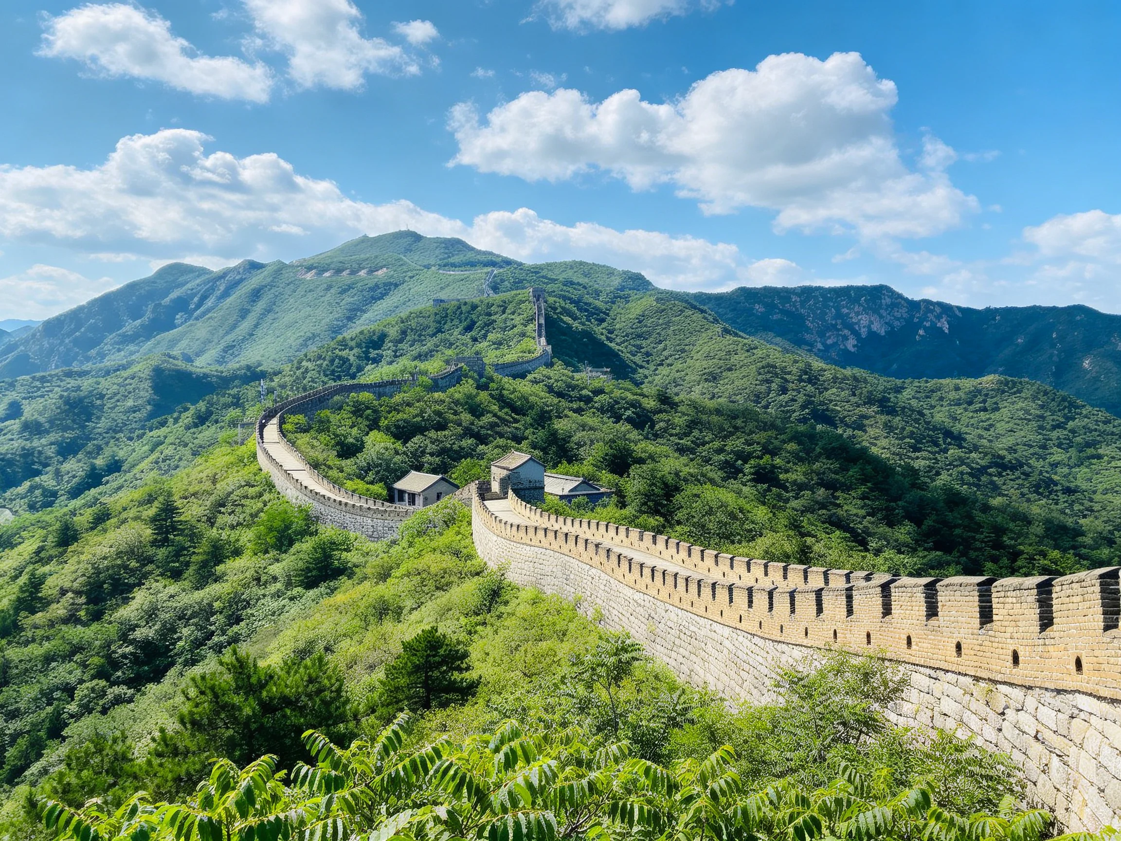 Ancient stone wall winds through lush green mountains under bright blue skies