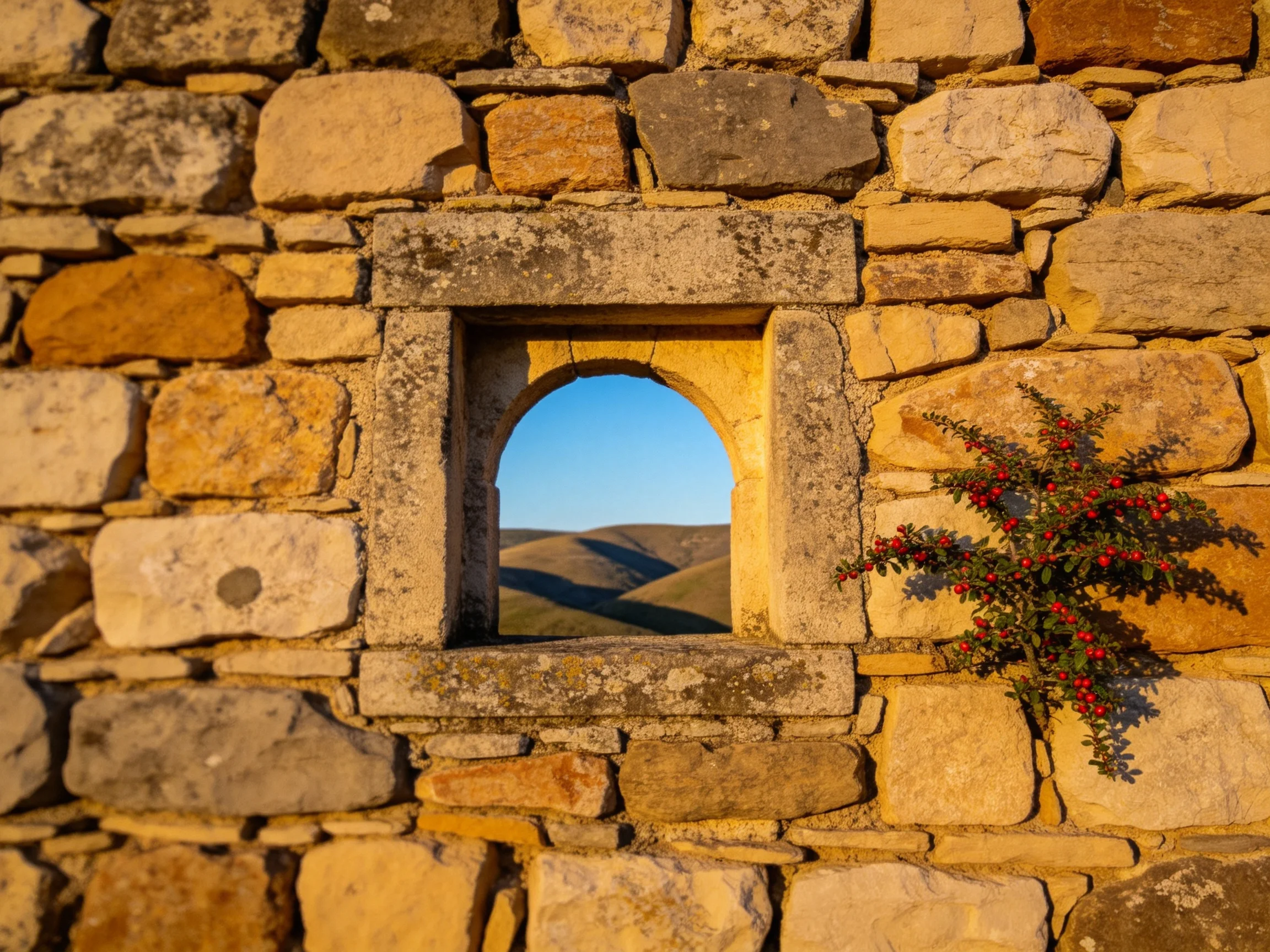 Ancient stone wall with arched window overlooking rolling hills