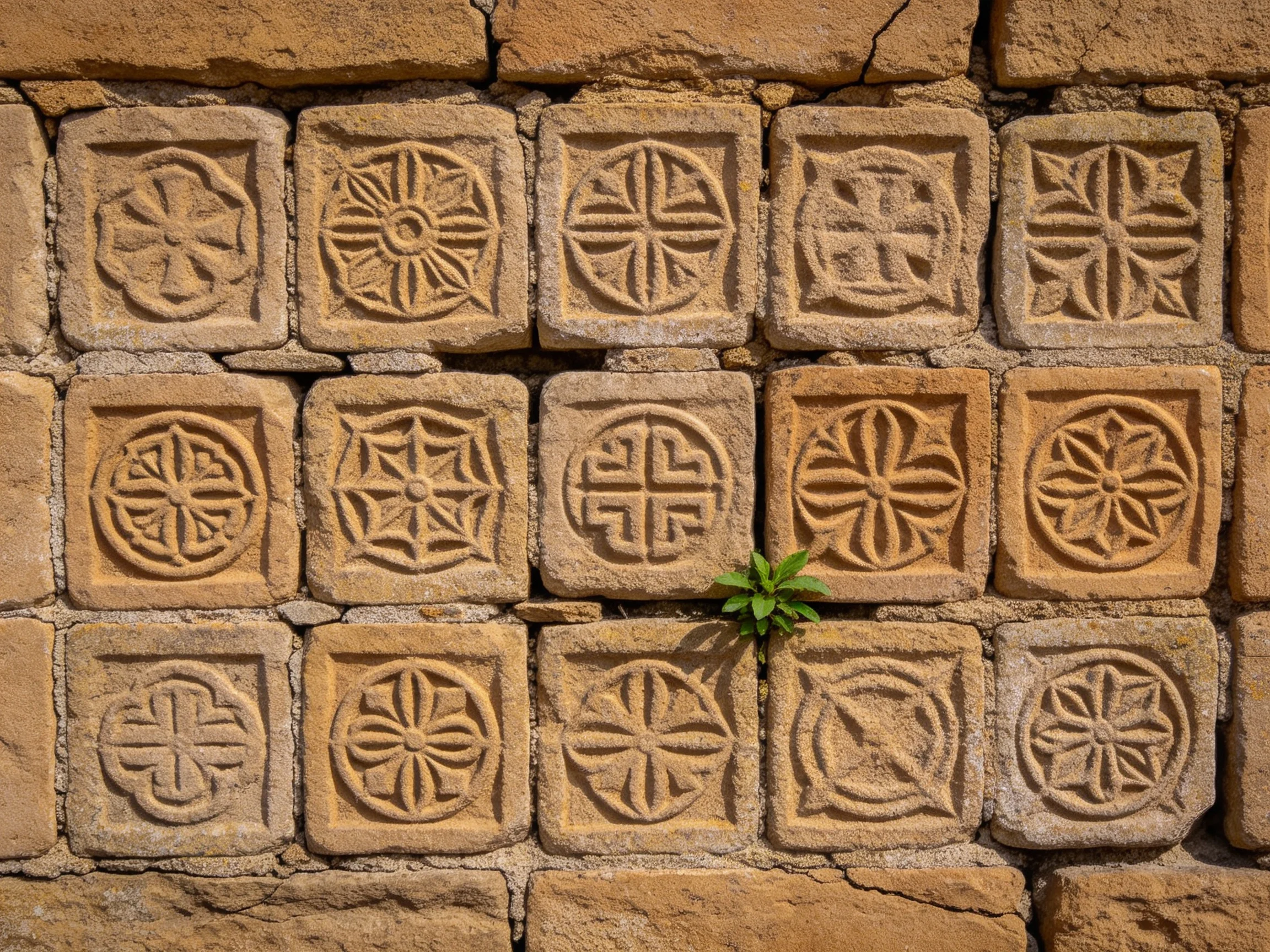 Ancient stone wall with intricately carved square tiles and a small green plant