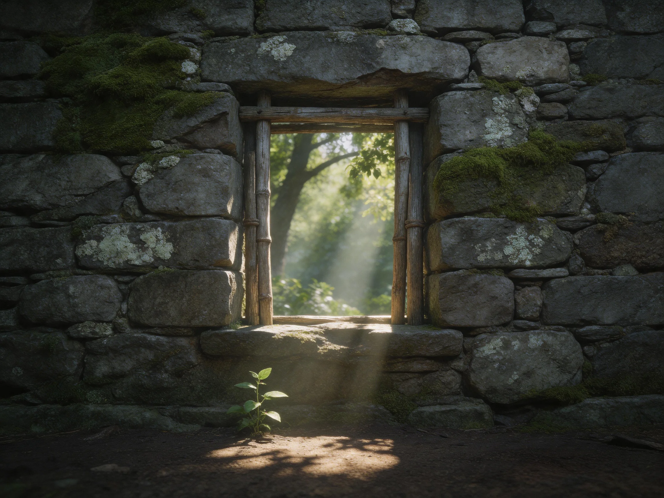 Ancient stone wall with moss-covered stones, wooden window, sun rays streaming